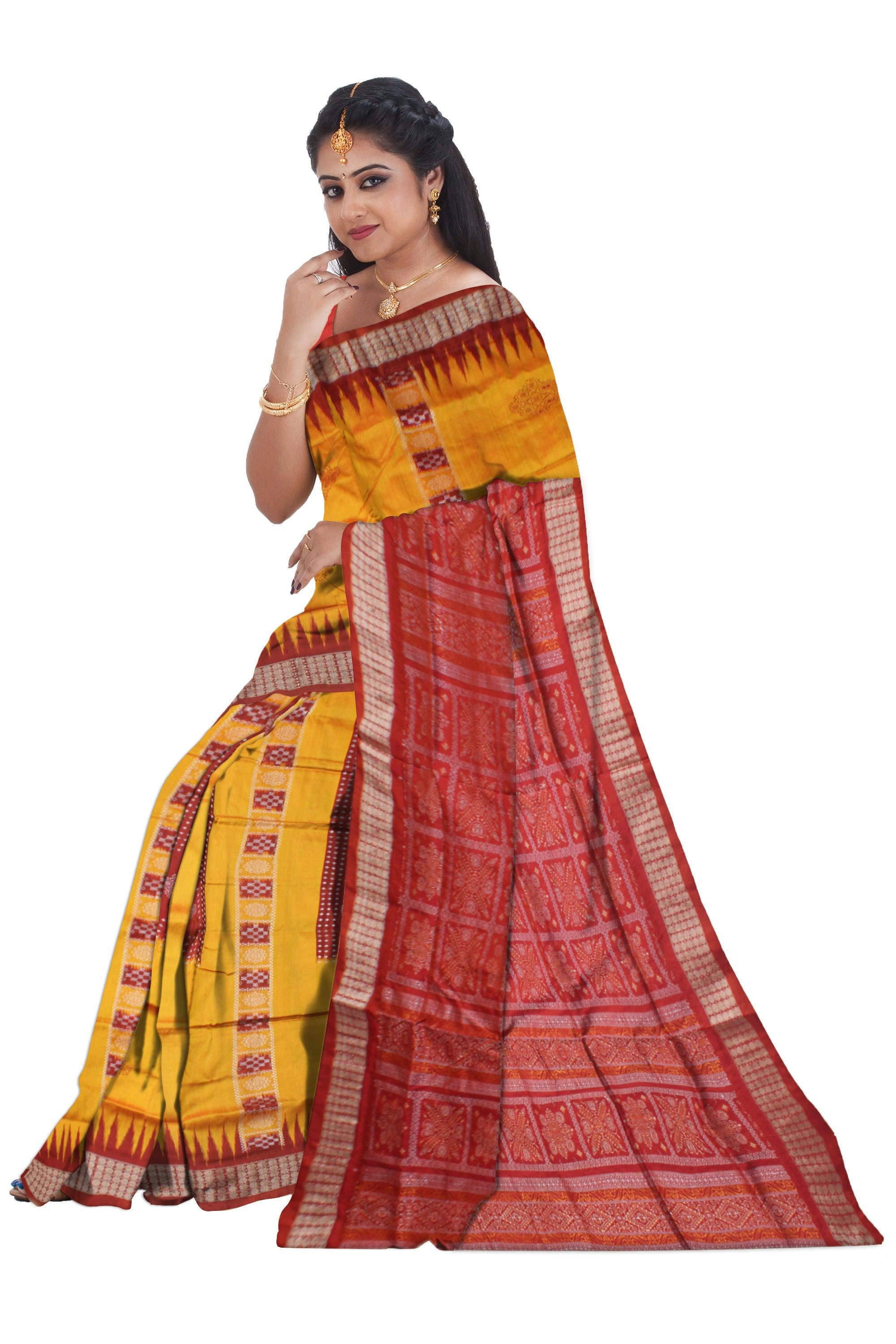 YELLOW AND MAROON COLOR CHANDUA PATA SAREE,WITH MATCHING BLOUSE PIECE. - Koshali Arts & Crafts Enterprise