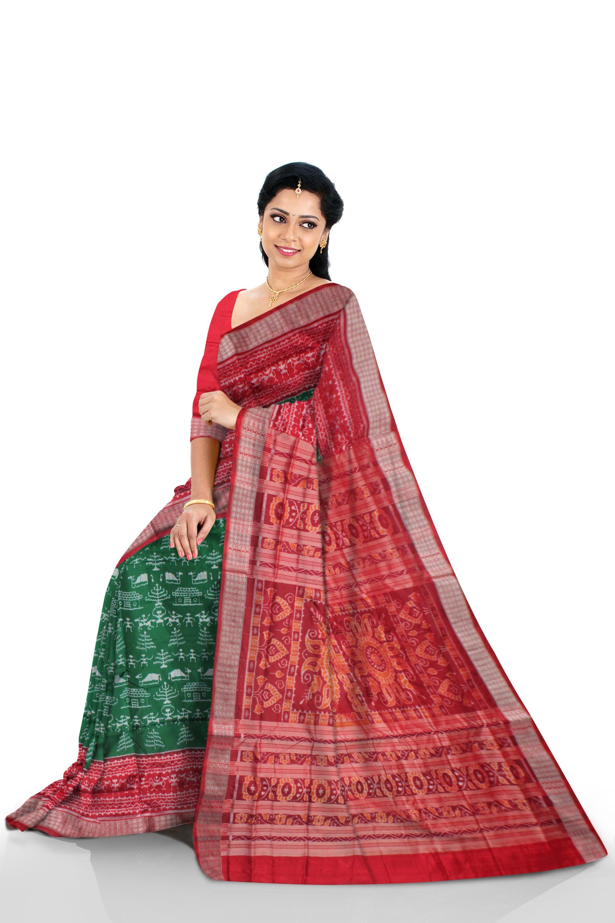 TRADITIONAL TERRACOTTA PATTERN PURE SILK SAREE IS GREEN AND RED COLOR BASE, ATTACHED WITH BLOUSE PIECE. - Koshali Arts & Crafts Enterprise