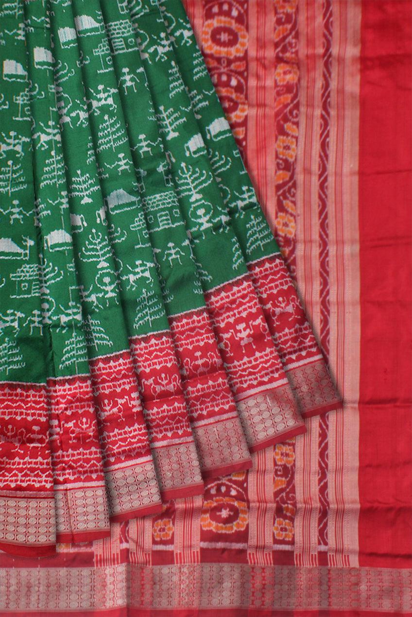 TRADITIONAL TERRACOTTA PATTERN PURE SILK SAREE IS GREEN AND RED COLOR BASE, ATTACHED WITH BLOUSE PIECE. - Koshali Arts & Crafts Enterprise