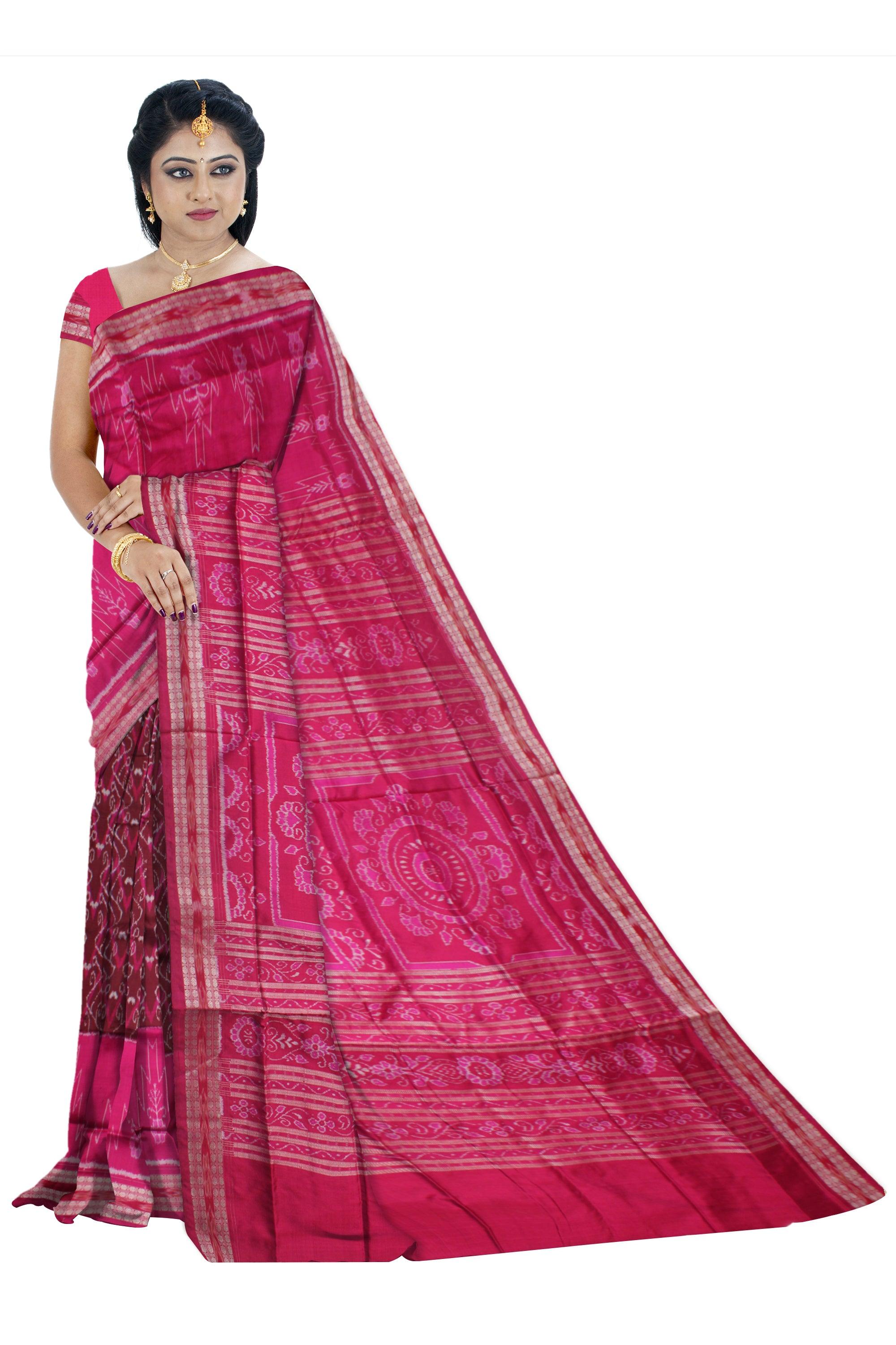 MAROON AND RANI COLOR IKAT PATTERN PURE PATA SAREE, WITH BLOUSE PIECE. - Koshali Arts & Crafts Enterprise