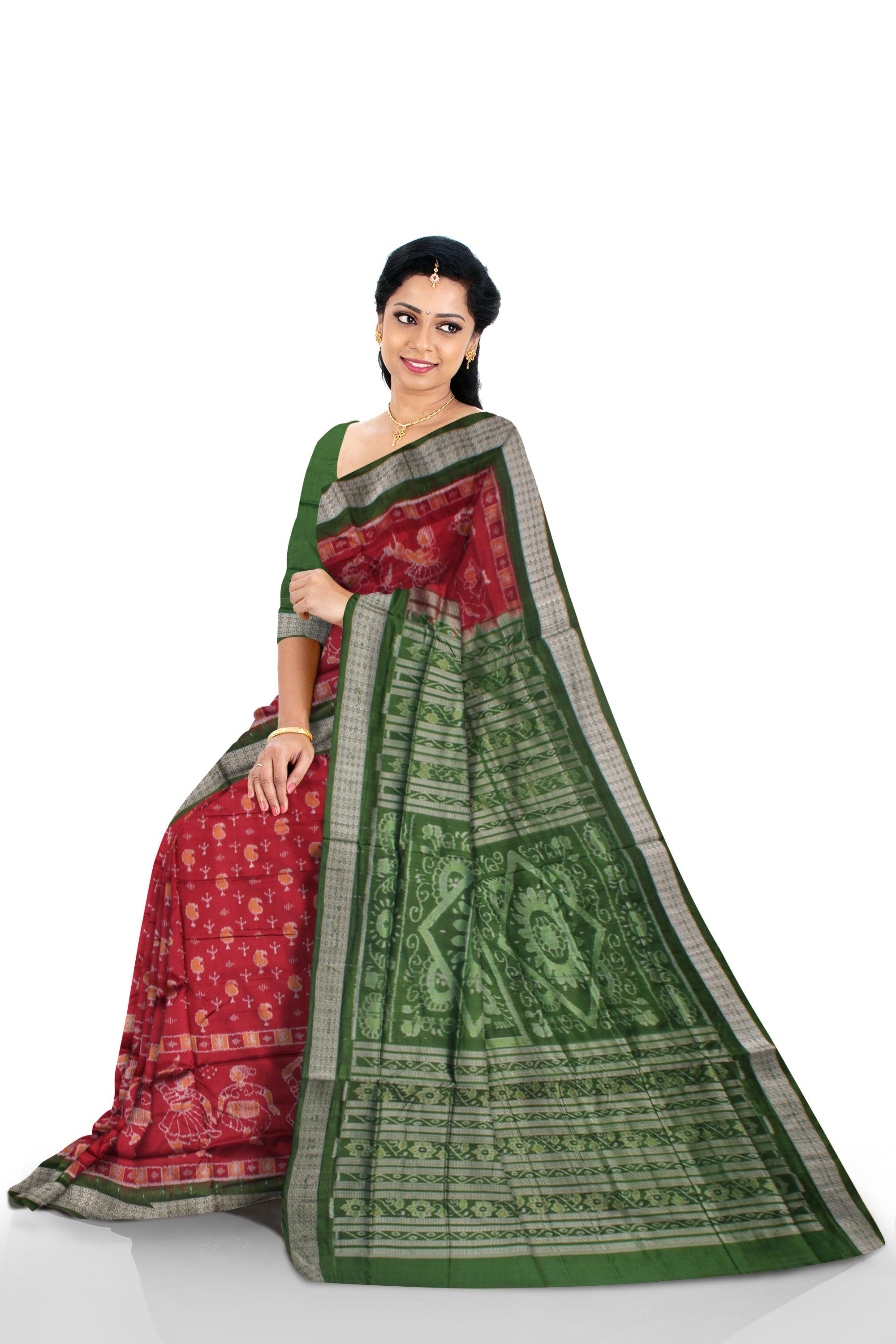 NARTAKI PATTERN PURE SILK SAREE IS MAROON AND GREEN COLOR BASE, ATTACHED WITH MATCHING BLOUSE PIECE. - Koshali Arts & Crafts Enterprise