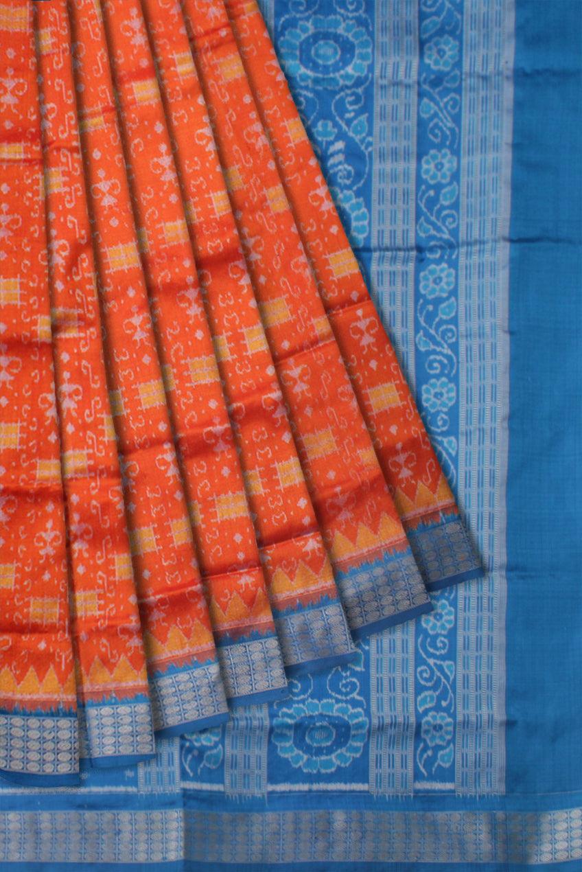 ORANGE AND SKY COLOR TERRACOTTA PATTERN PURE SILK SAREE WITH BLOUSE PIECE. - Koshali Arts & Crafts Enterprise