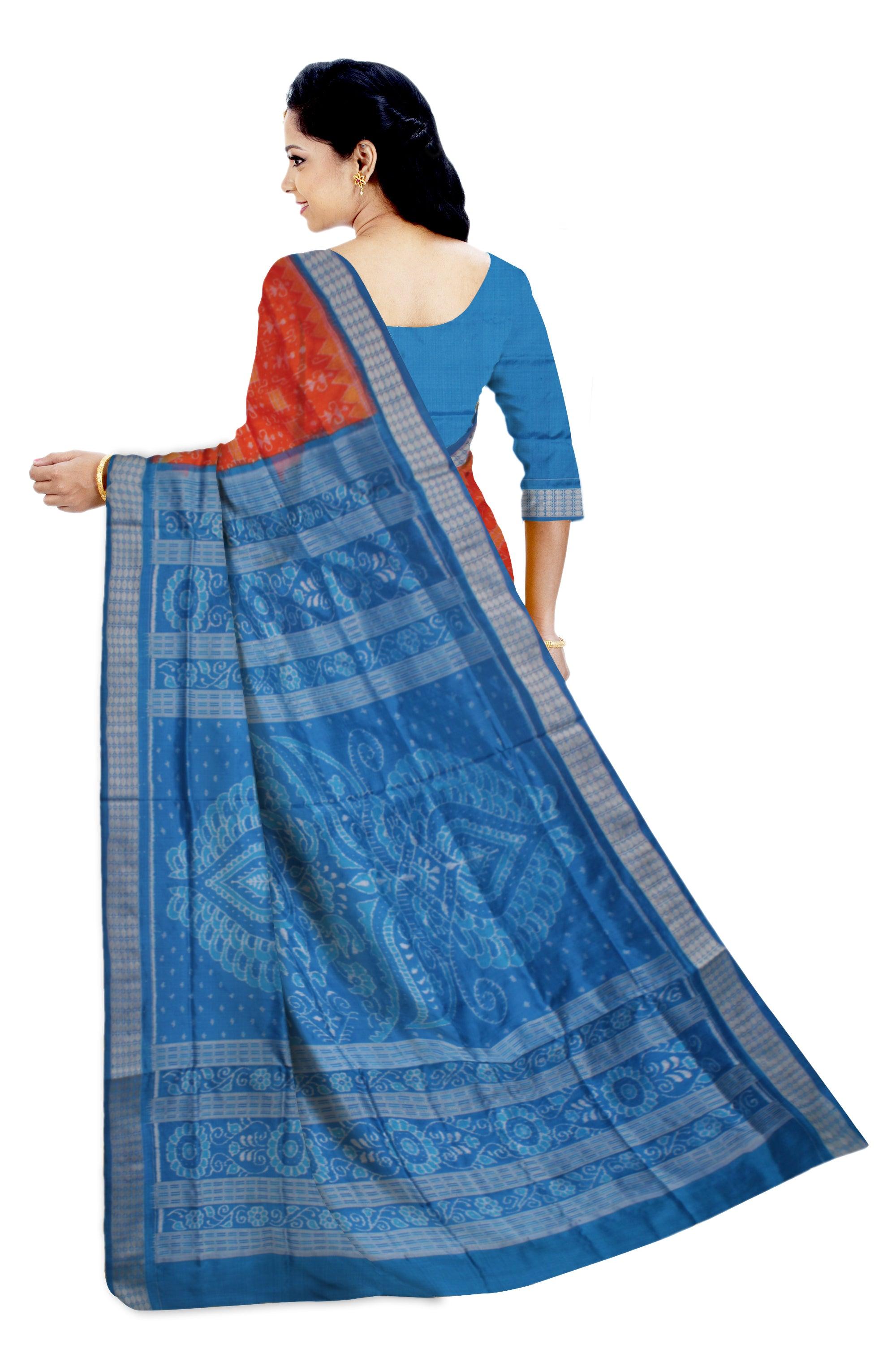 ORANGE AND SKY COLOR TERRACOTTA PATTERN PURE SILK SAREE WITH BLOUSE PIECE. - Koshali Arts & Crafts Enterprise