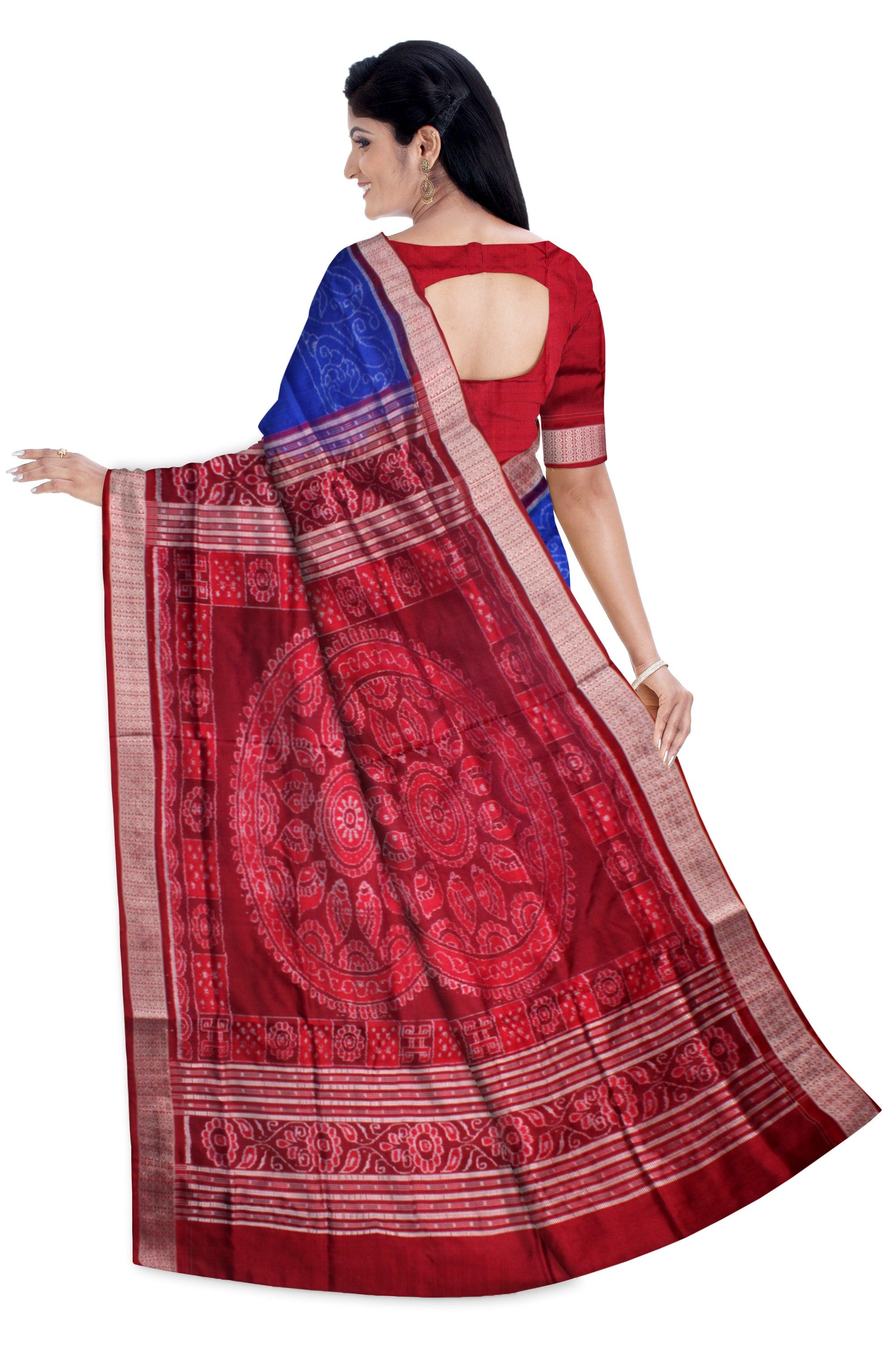TERRACOTTA WITH TREE PATTERN PURE SILK SAREE IS BLUE AND MAROON COLOR BASE, COMES WITH MATCHING BLOUSE PIECE. - Koshali Arts & Crafts Enterprise