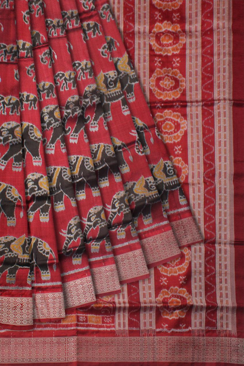 ELEPHANT PATTERN PURE SILK SAREE IS MAROON COLOR BASE, COMES WITH MATCHING BLOUSE PIECE. - Koshali Arts & Crafts Enterprise