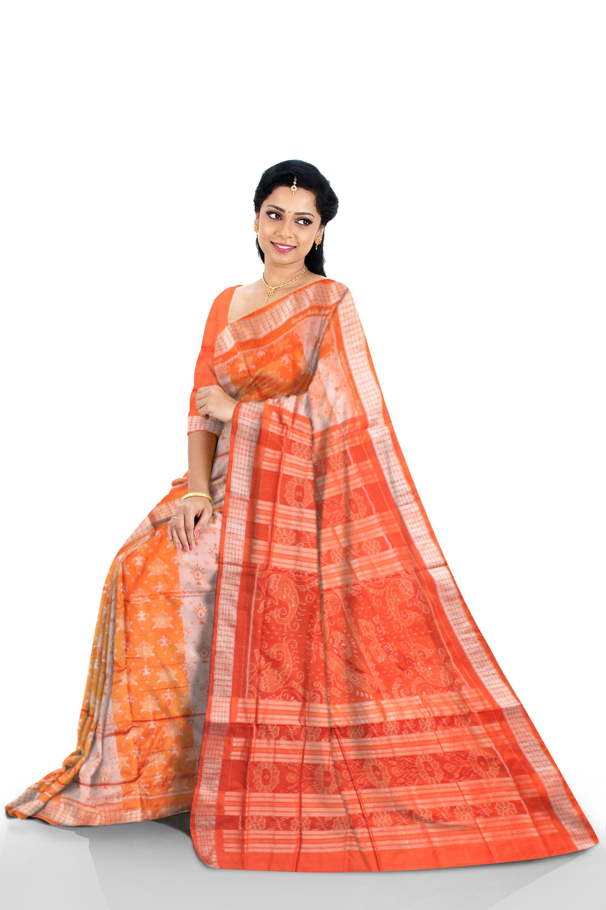 LATEST MARRAIGE COLLECTION TERRACOTTA PATTERN SILK SAREE IS ORANGE AND SILVER COLOR, WITH MATCHING BLOUSE PIECE. - Koshali Arts & Crafts Enterprise