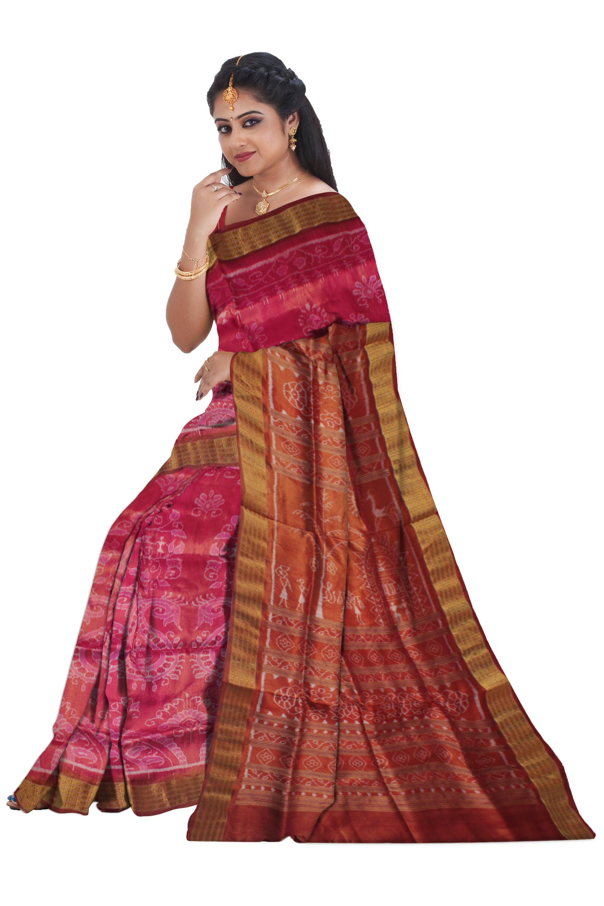 TRADITIONAL HANDWOVEN PURE TISSUE SILK IS RANI PINK AND DARK-ORANGE COLOR BASE, WITH MATCHING BLOUSE PIECE. - Koshali Arts & Crafts Enterprise