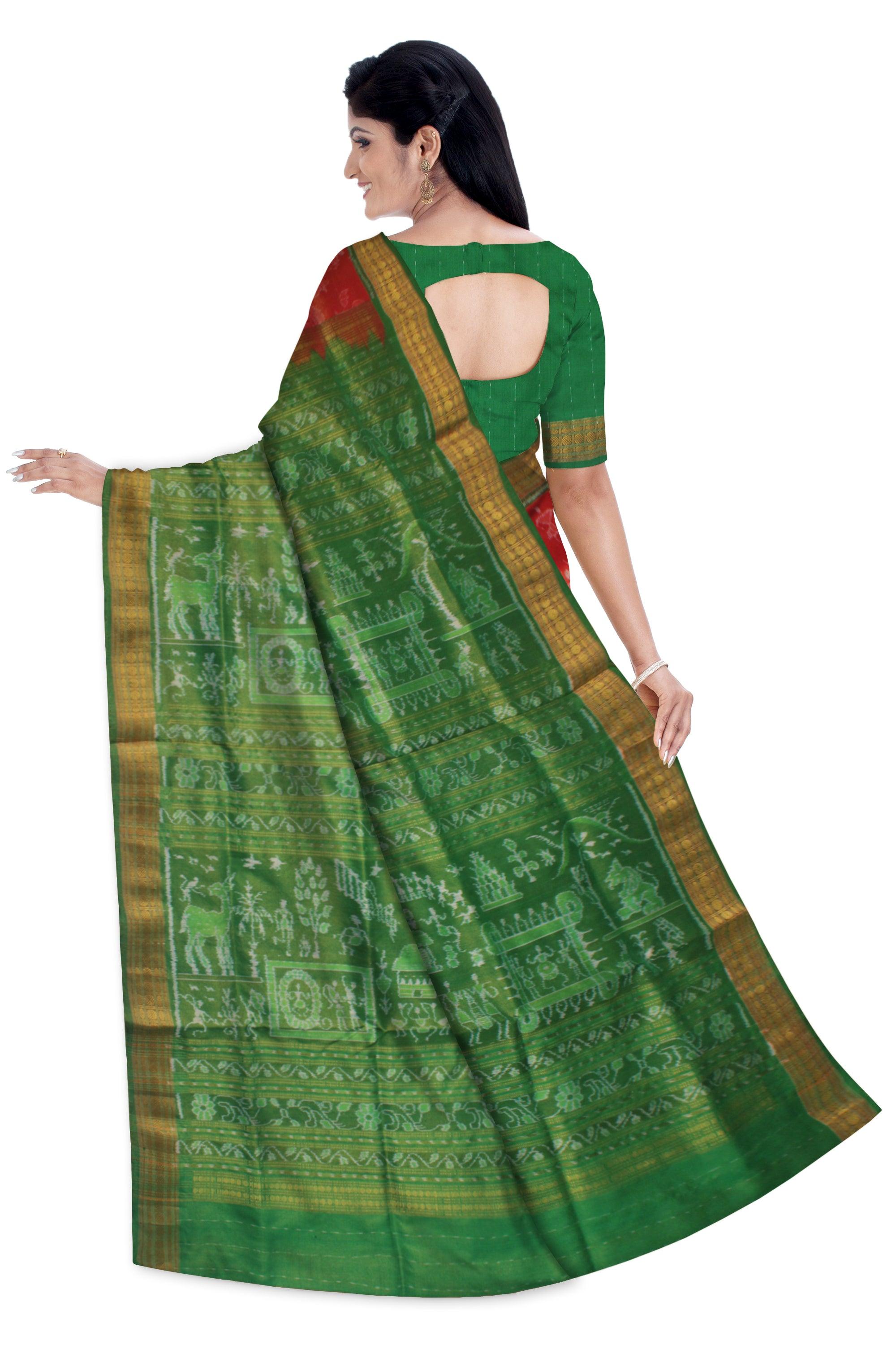 TRADITIONAL VILLAGE PATTERN PURE TISSUE SILK SAREE IS DARK-ORANGE AND GREEN COLOR BASE, COMES WITH ,MATCHING BLOUSE PIECE. - Koshali Arts & Crafts Enterprise