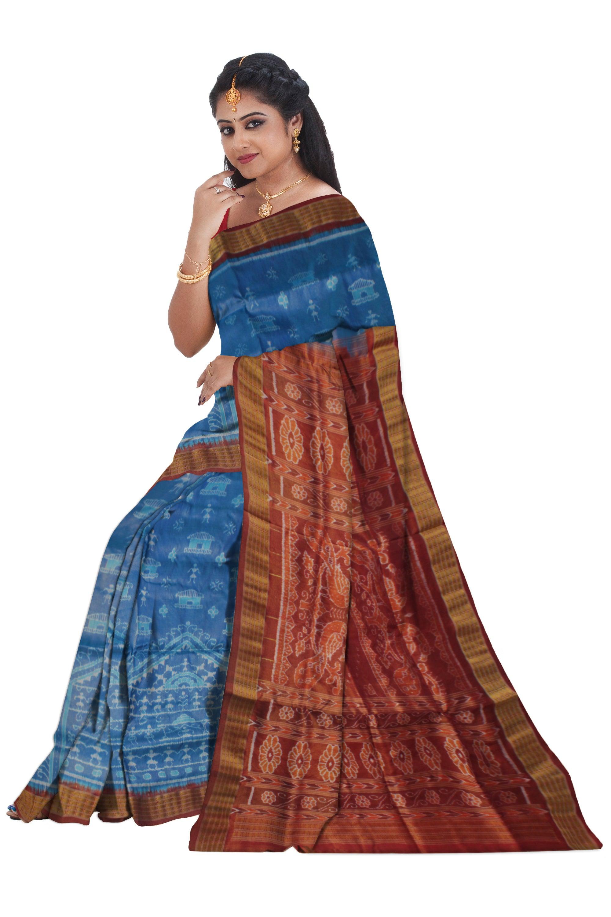 SKY BLUE AND DARK ORANGE COLOR PURE TISSUE SILK PATA SAREE, WITH BLOUSE PIECE. - Koshali Arts & Crafts Enterprise