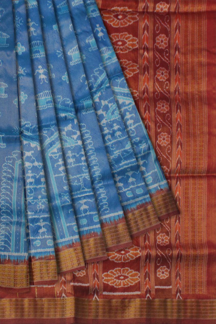 SKY BLUE AND DARK ORANGE COLOR PURE TISSUE SILK PATA SAREE, WITH BLOUSE PIECE. - Koshali Arts & Crafts Enterprise