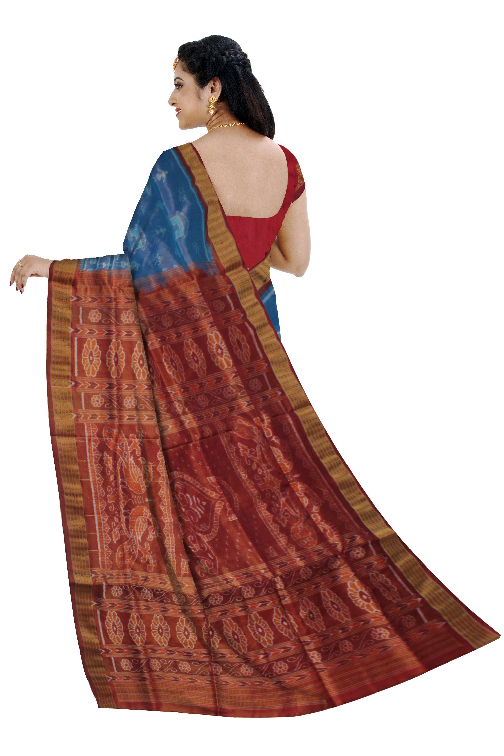 SKY BLUE AND DARK ORANGE COLOR PURE TISSUE SILK PATA SAREE, WITH BLOUSE PIECE. - Koshali Arts & Crafts Enterprise