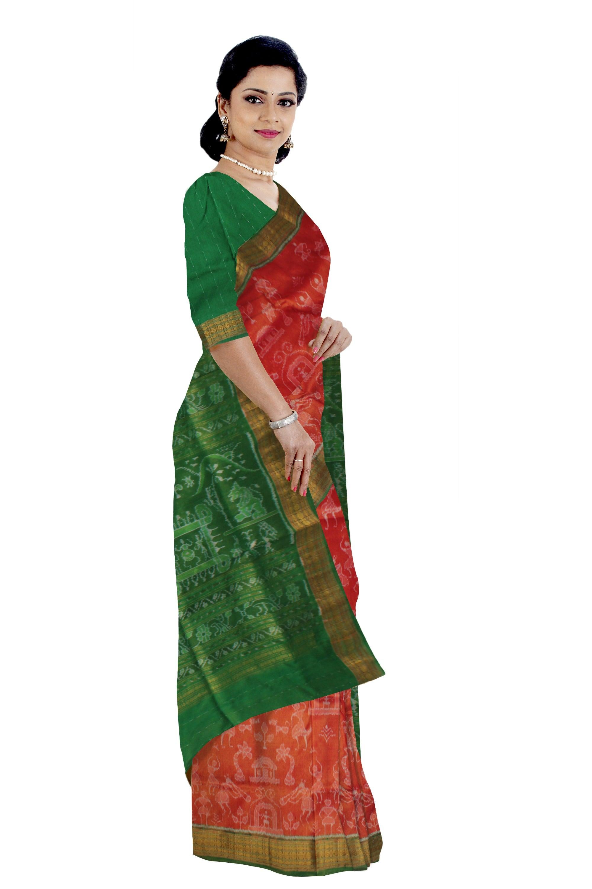 TRADITIONAL VILLAGE PATTERN PURE TISSUE SILK SAREE IS DARK-ORANGE AND GREEN COLOR BASE, COMES WITH ,MATCHING BLOUSE PIECE. - Koshali Arts & Crafts Enterprise