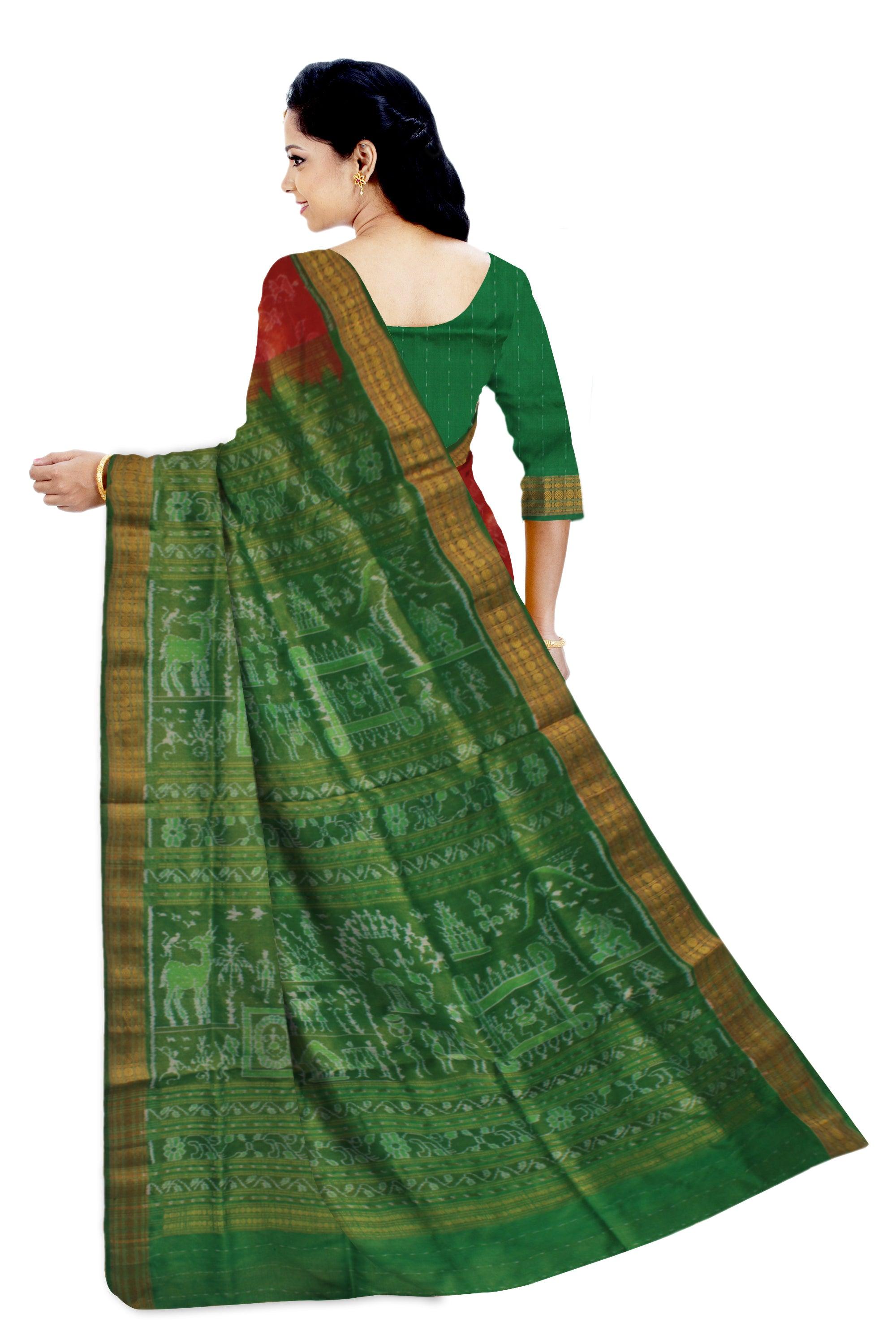 TRADITIONAL VILLAGE PATTERN PURE TISSUE SILK SAREE IS DARK-ORANGE AND GREEN COLOR BASE, COMES WITH ,MATCHING BLOUSE PIECE. - Koshali Arts & Crafts Enterprise