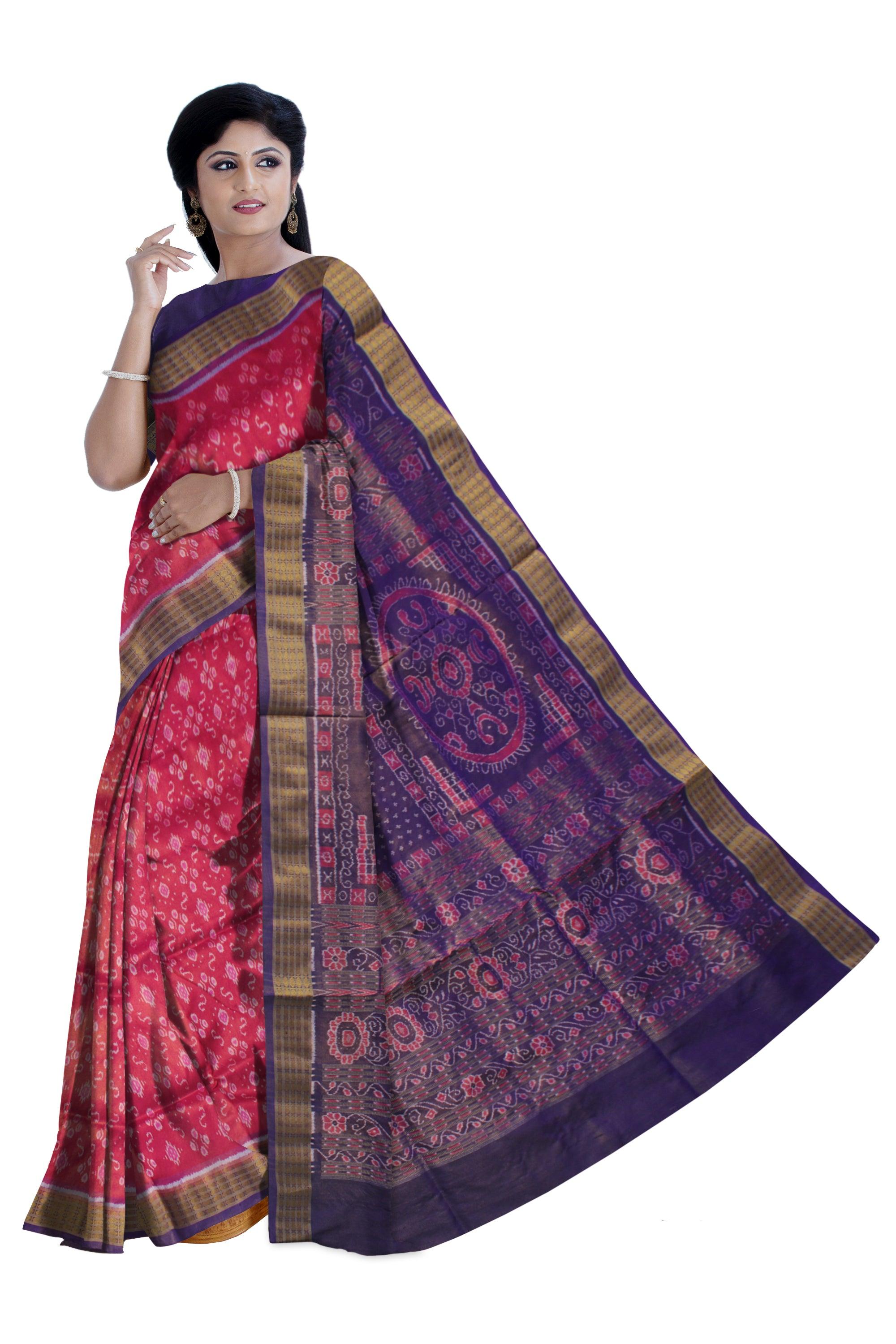 LATEST IKAT PATTERN PURE TISSUE SILK PATA SAREE IS DARK-PINK AND PURPLE COLOR BASE, ATTACHED WITH MATCHING BLOUSE PIECE. - Koshali Arts & Crafts Enterprise