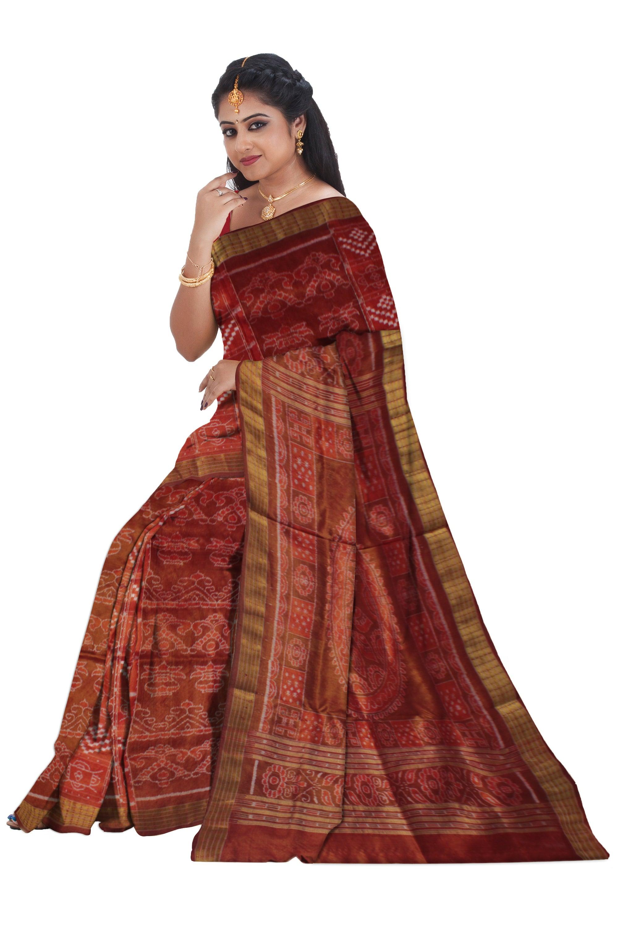 TRADITIONAL KALASH AND PASAPALI PATTERN PURE TISSUE SILK SAREE IS DARK-ORANGE AND MAROON COLOR BASE,AVAILABLE WITH MATCHING BLOUSE PIECE. - Koshali Arts & Crafts Enterprise