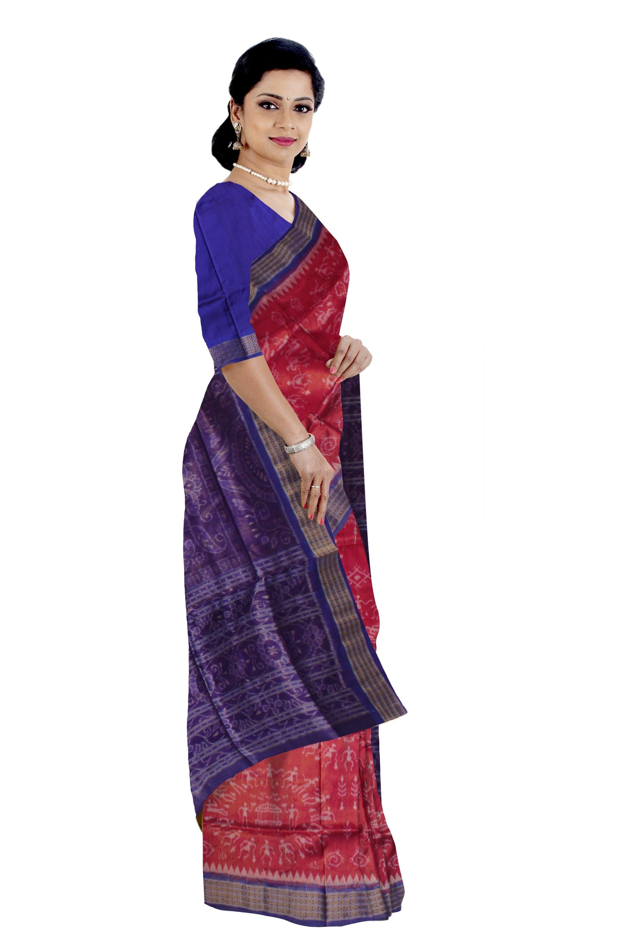 PANCHA KUTI TERRACOTTA PATTERN PURE TISSUE SILK SAREE IS CARMINE AND BLUE COLOR BASE, AVAILABLE WITH MATCHING BLOUSE PIECE. - Koshali Arts & Crafts Enterprise