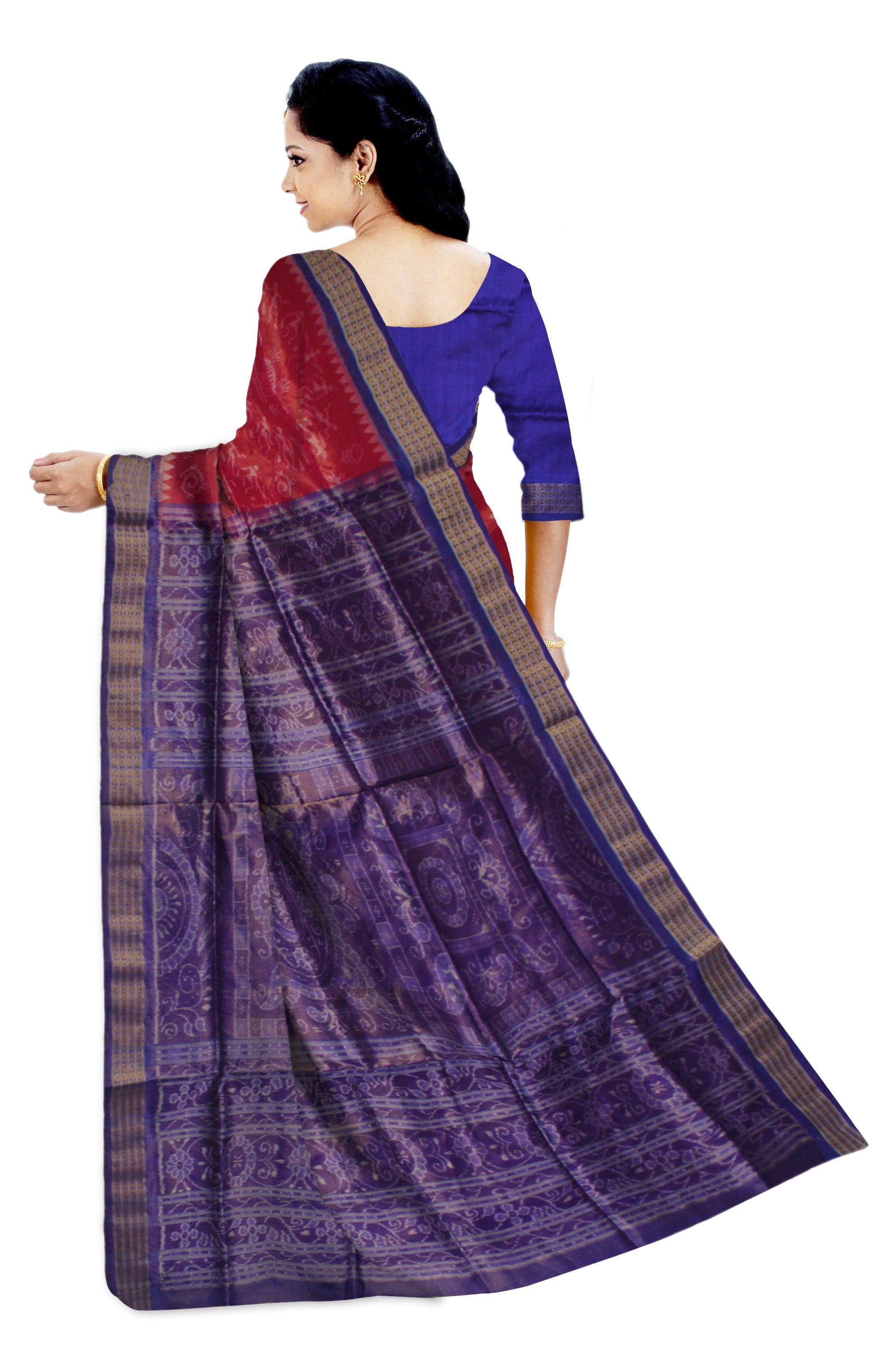 PANCHA KUTI TERRACOTTA PATTERN PURE TISSUE SILK SAREE IS CARMINE AND BLUE COLOR BASE, AVAILABLE WITH MATCHING BLOUSE PIECE. - Koshali Arts & Crafts Enterprise