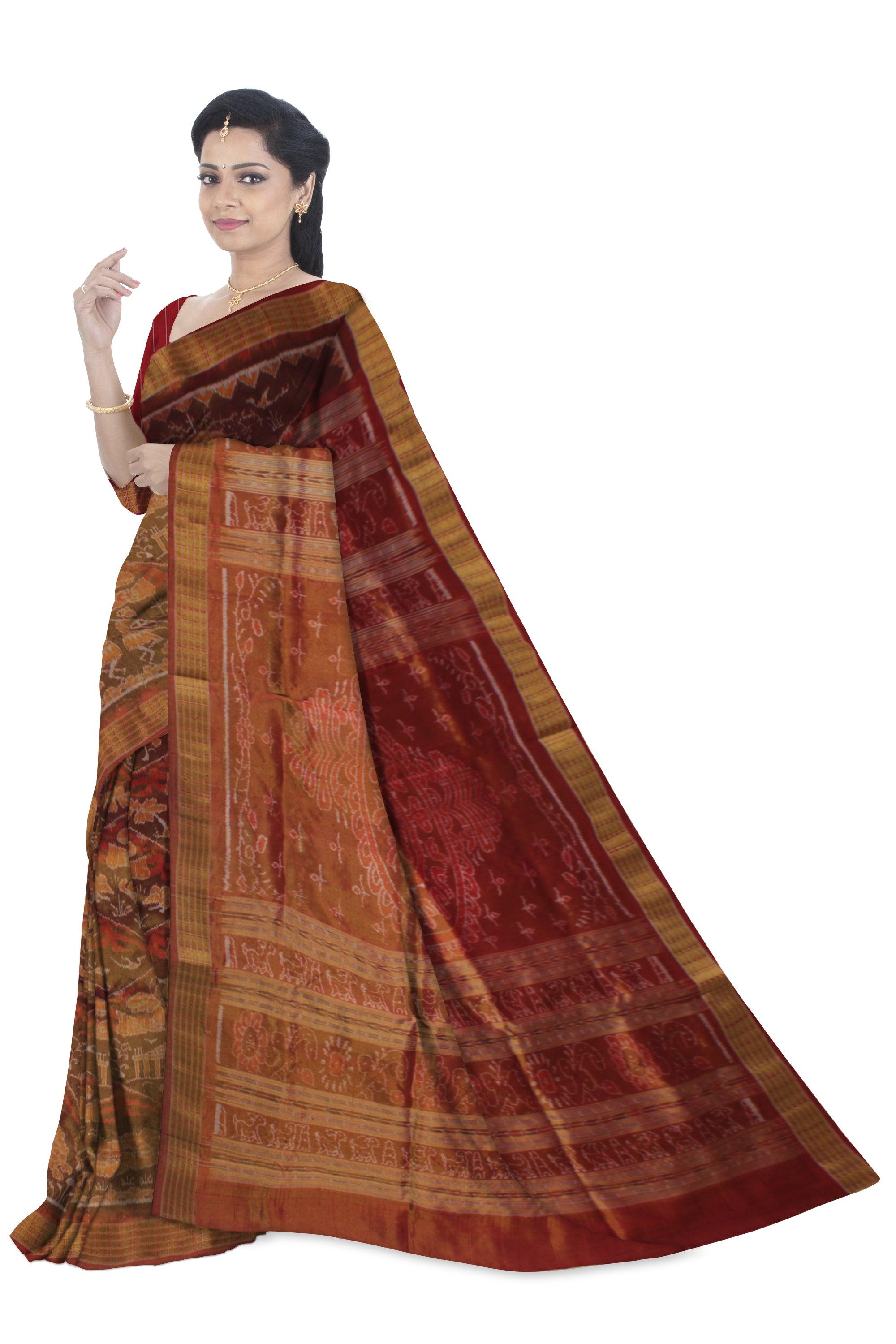 MARRAIGE COLLECTION TRADITIONAL VILLAGE PATTERN PURE TISSUE SILK SAREE IS BROWN AND MAROON COLOR BASE, ATTACHED WITH BLOUSE PIECE. - Koshali Arts & Crafts Enterprise