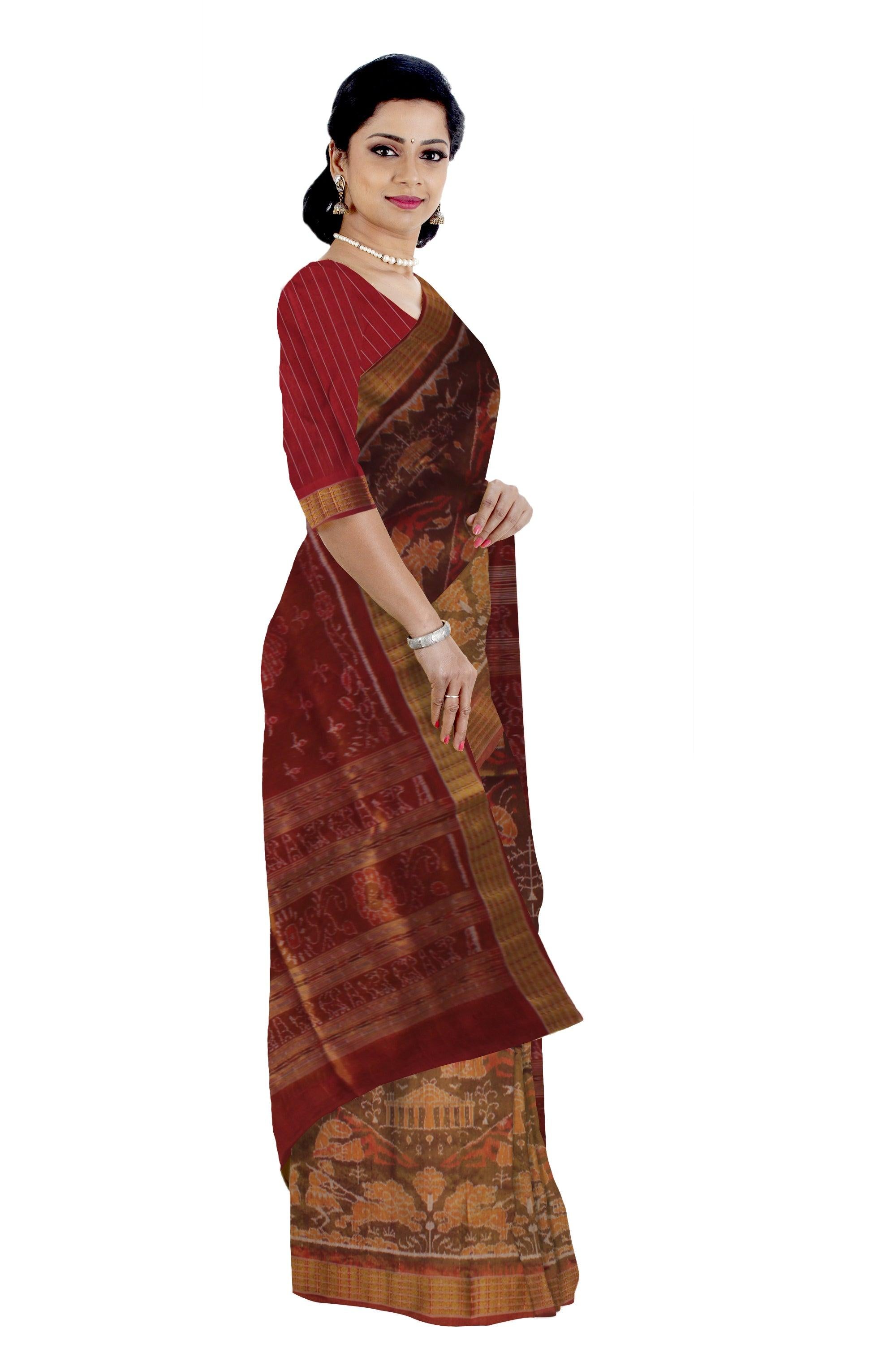 MARRAIGE COLLECTION TRADITIONAL VILLAGE PATTERN PURE TISSUE SILK SAREE IS BROWN AND MAROON COLOR BASE, ATTACHED WITH BLOUSE PIECE. - Koshali Arts & Crafts Enterprise