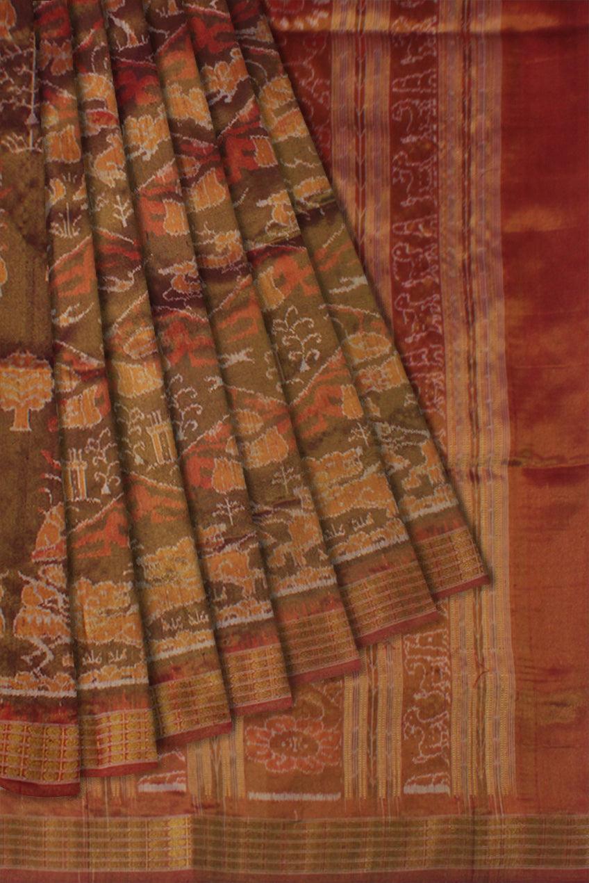 MARRAIGE COLLECTION TRADITIONAL VILLAGE PATTERN PURE TISSUE SILK SAREE IS BROWN AND MAROON COLOR BASE, ATTACHED WITH BLOUSE PIECE. - Koshali Arts & Crafts Enterprise