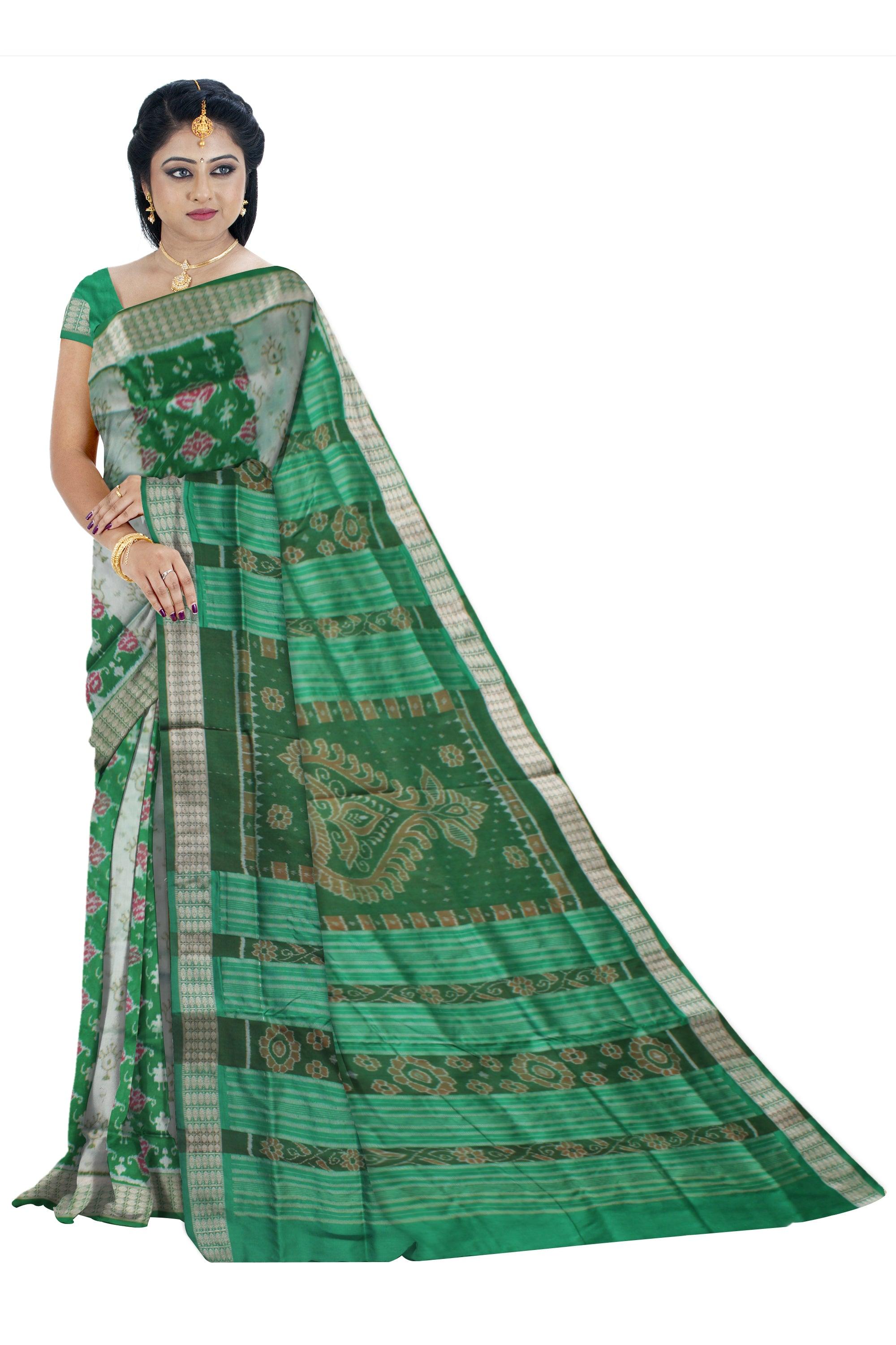 GREEN AND SILVER COLOR TERRACOTTA PATTERN PATA SAREE, WITH MATCHING BLOUSE PIECE. - Koshali Arts & Crafts Enterprise