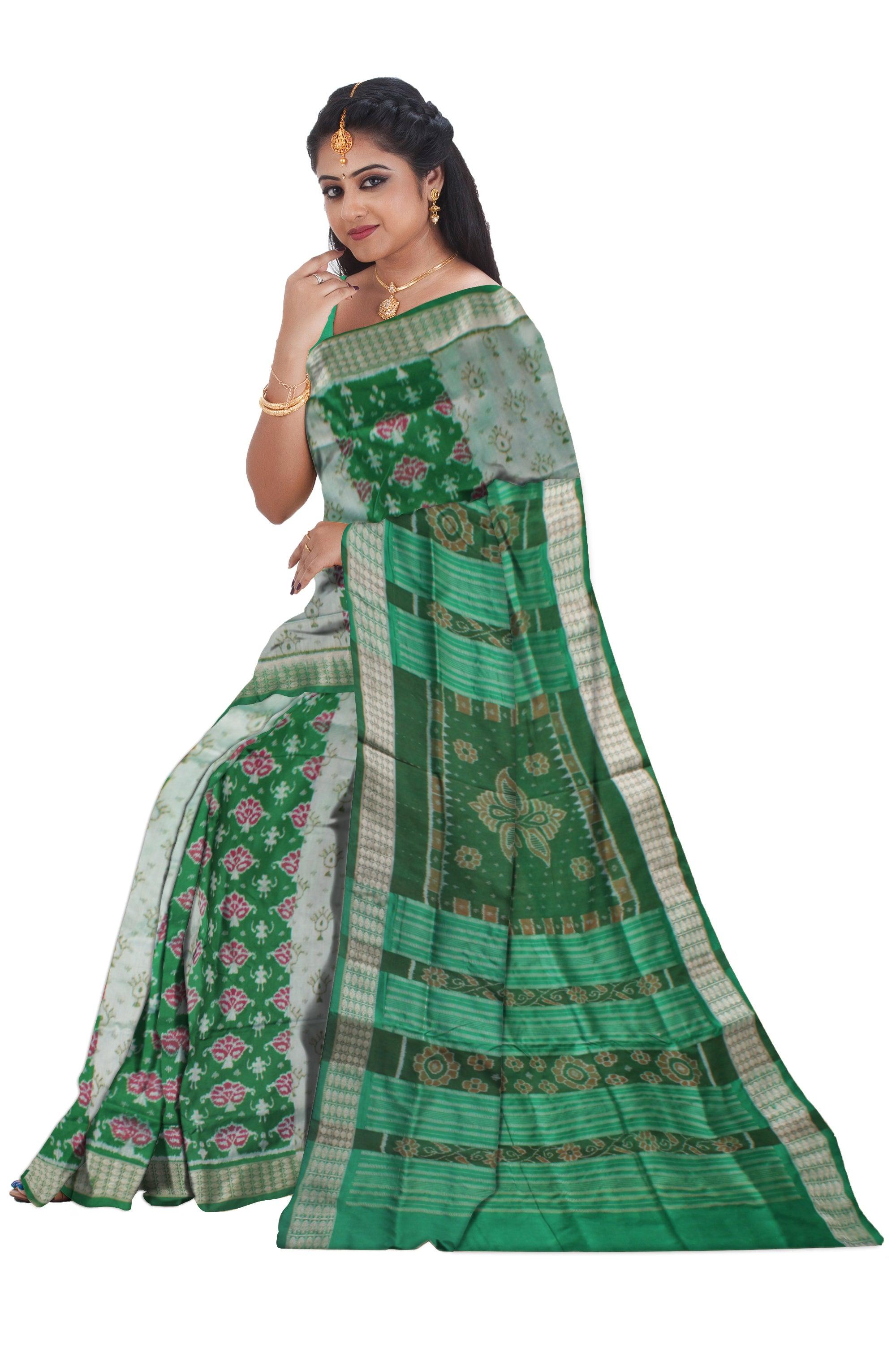 GREEN AND SILVER COLOR TERRACOTTA PATTERN PATA SAREE, WITH MATCHING BLOUSE PIECE. - Koshali Arts & Crafts Enterprise