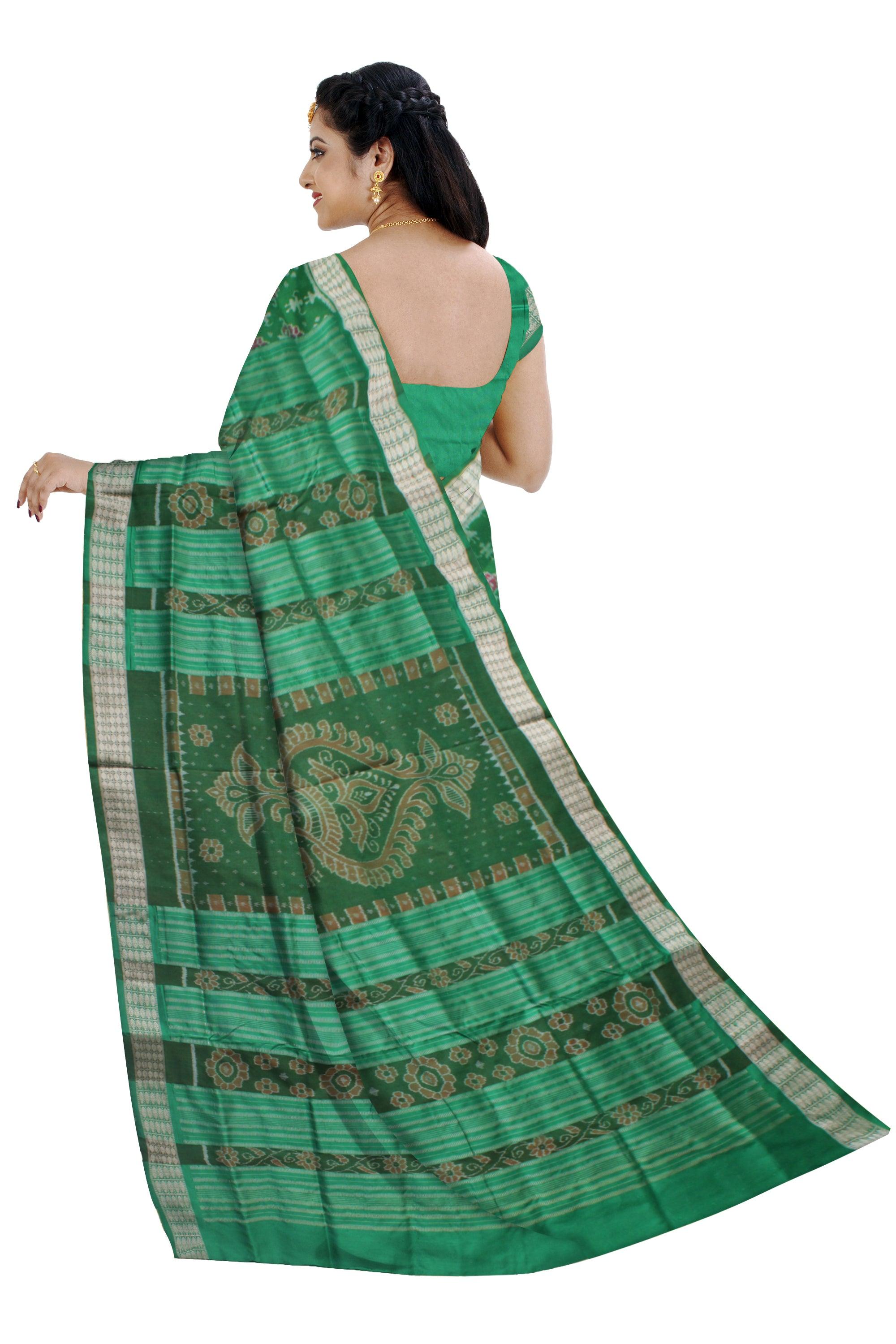 GREEN AND SILVER COLOR TERRACOTTA PATTERN PATA SAREE, WITH MATCHING BLOUSE PIECE. - Koshali Arts & Crafts Enterprise