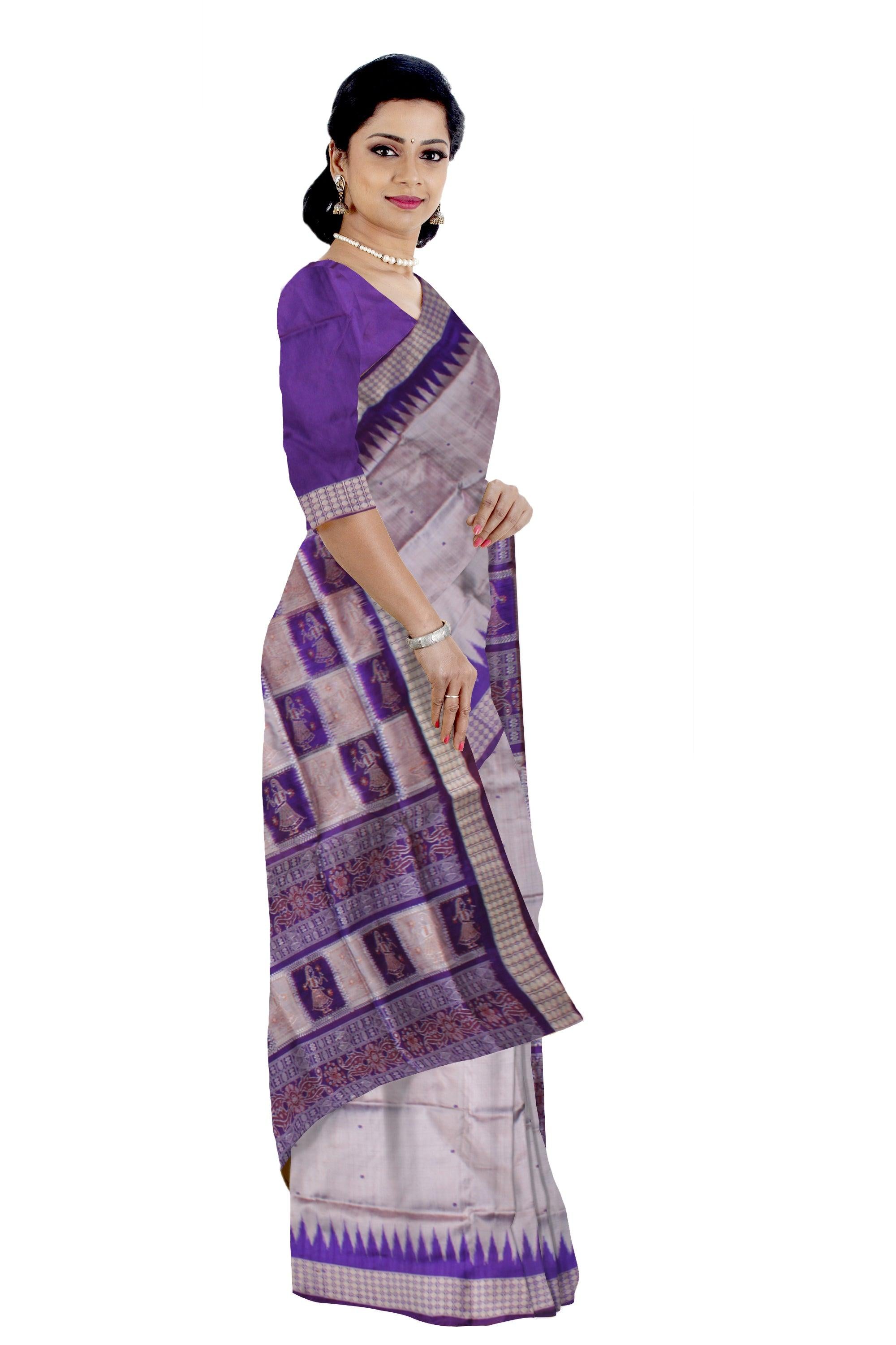 DOUBLE COLOR COMBINATION PALLU DOLL PRINT PATA SAREE IS SILVER AND PURPLE COLOR BASE, COMES WITH MATCHING BLOUSE PIECE. - Koshali Arts & Crafts Enterprise