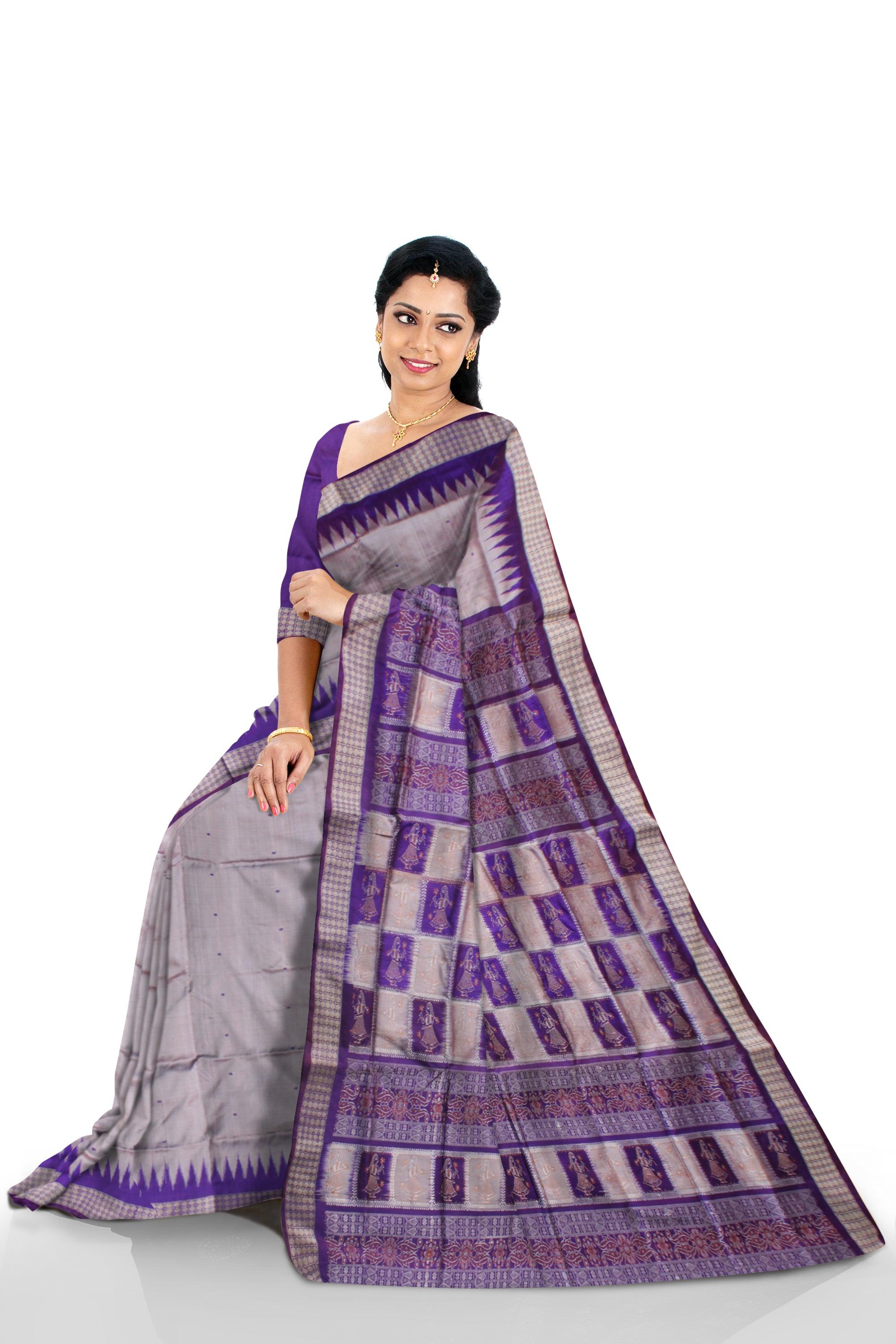 DOUBLE COLOR COMBINATION PALLU DOLL PRINT PATA SAREE IS SILVER AND PURPLE COLOR BASE, COMES WITH MATCHING BLOUSE PIECE. - Koshali Arts & Crafts Enterprise