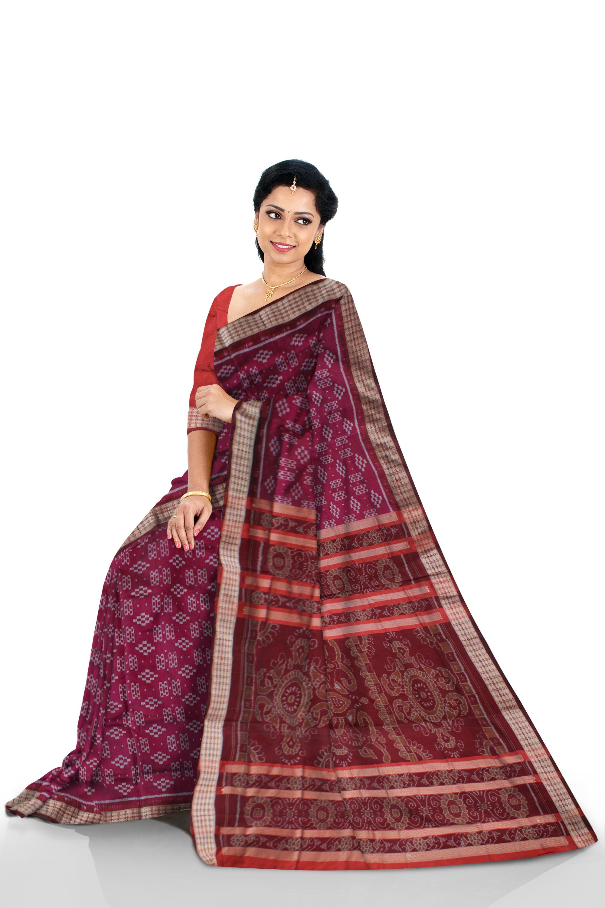 TRADITIONAL PASAPALI PATTERN PATA SAREE IS DARK-PINK AND MAROON COLOR BASE,COMES WITH MATCHING BLOUSE PIECE. - Koshali Arts & Crafts Enterprise