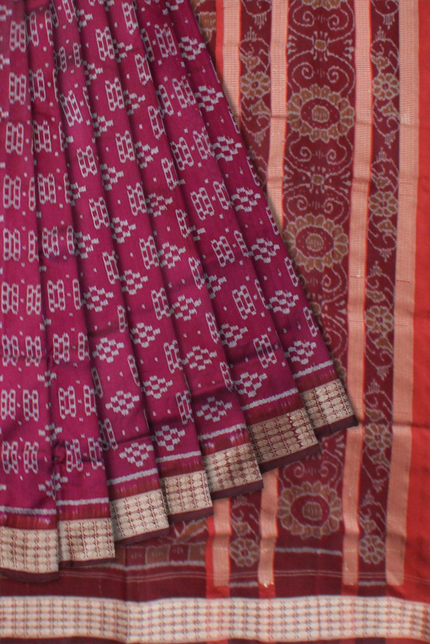 TRADITIONAL PASAPALI PATTERN PATA SAREE IS DARK-PINK AND MAROON COLOR BASE,COMES WITH MATCHING BLOUSE PIECE. - Koshali Arts & Crafts Enterprise