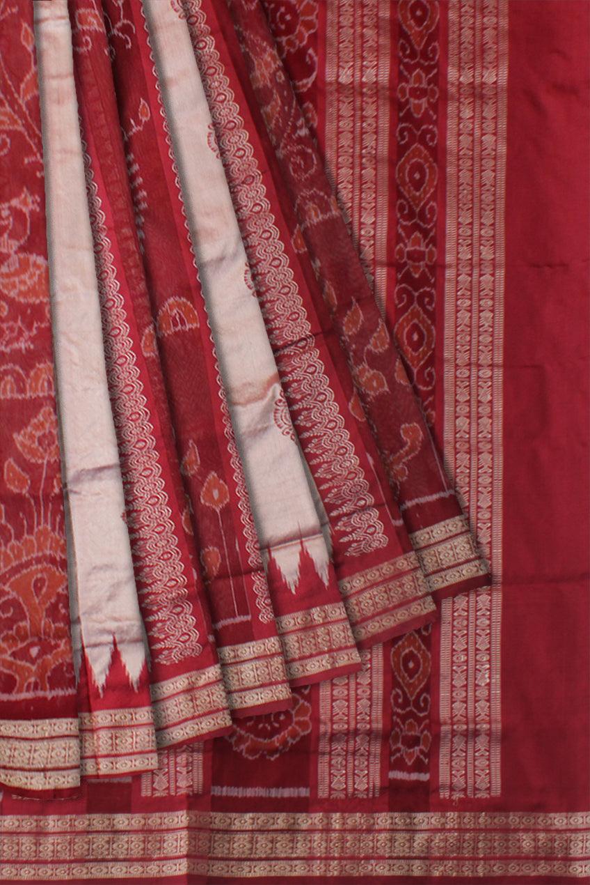 PEACOCK PRINT BOMKEI PATTERN PATA SAREE IS SILVER AND MAROON COLOR BASE,COMES WITH MATCHING BLOUSE PIECE. - Koshali Arts & Crafts Enterprise