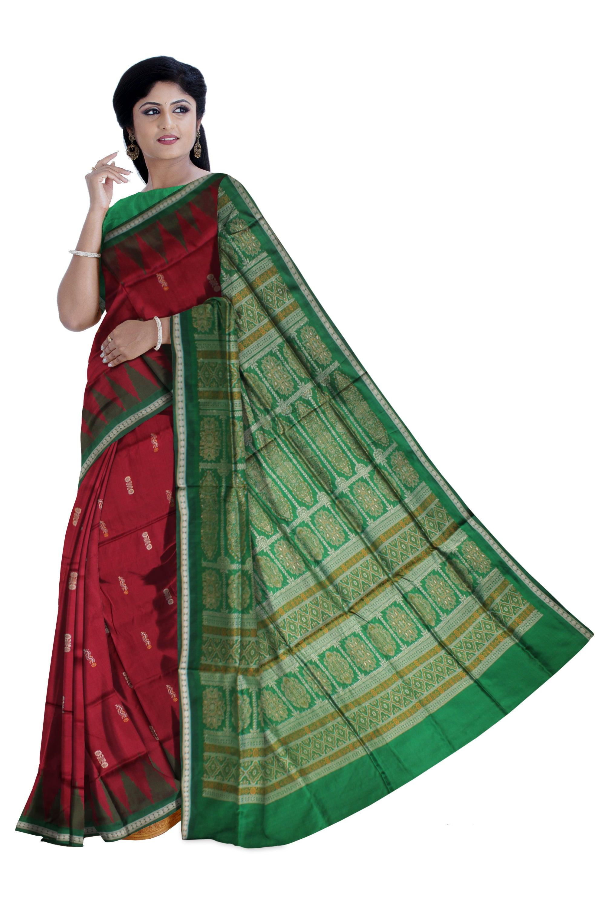 PALLU BOMKEI PRINT PLAIN PATA SAREE IS MAROON AND GREEN COLOR BASE,COMES WITH MATCHING BLOUSE PIECE. - Koshali Arts & Crafts Enterprise