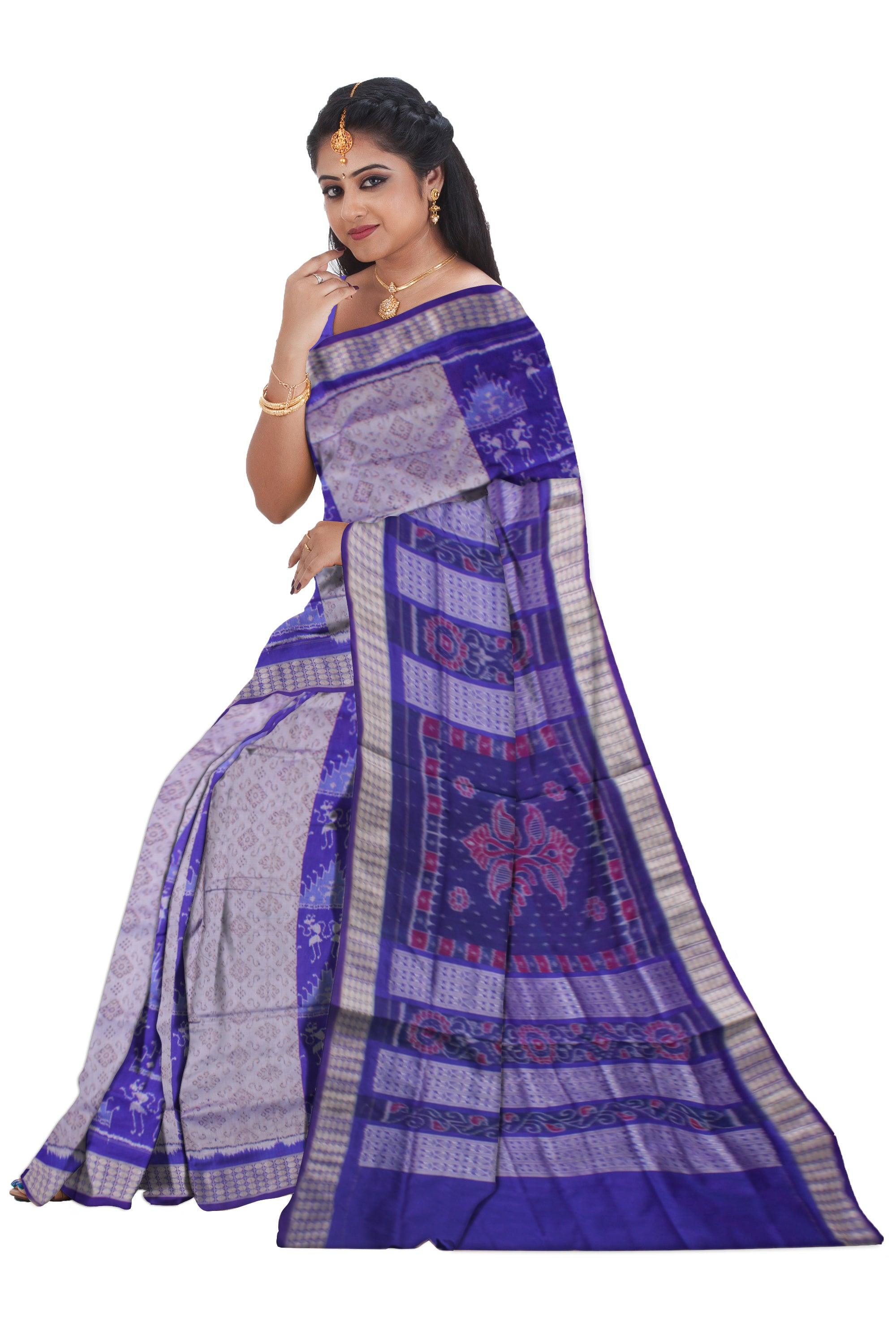 TRADITIONAL TERRACOTTA PATTERN PATA SAREE IS BLUE AND SILVER COLOR BASE, COMES WITH MATCHING BLOUSE PIECE. - Koshali Arts & Crafts Enterprise
