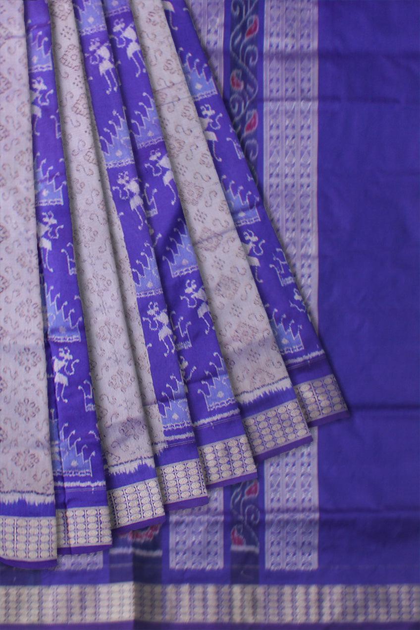 TRADITIONAL TERRACOTTA PATTERN PATA SAREE IS BLUE AND SILVER COLOR BASE, COMES WITH MATCHING BLOUSE PIECE. - Koshali Arts & Crafts Enterprise