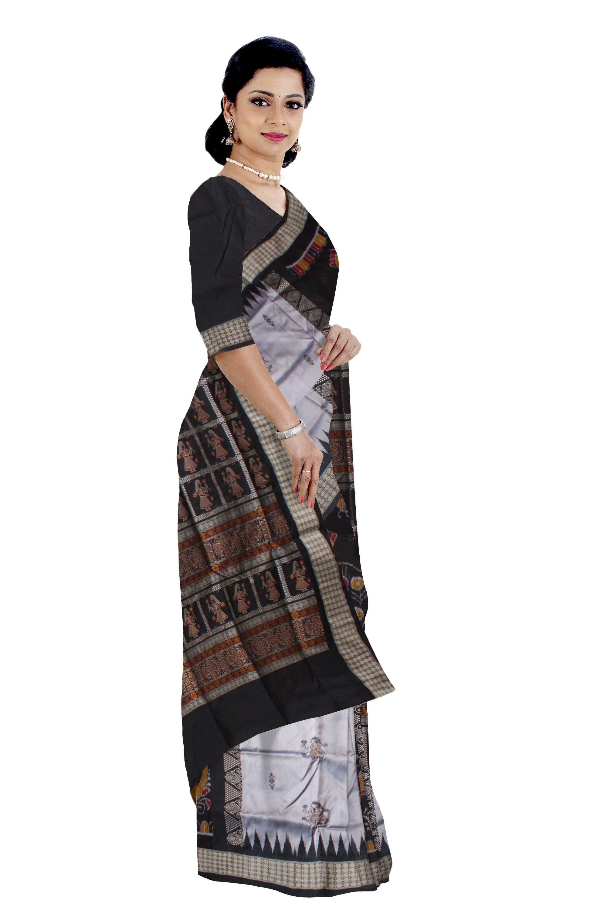 NEW ARRIVAL SILVER AND BLACK COLOR DOLL PRINT BOMKEI PATA SAREE, WITH MATCHING BLOUSE PIECE. - Koshali Arts & Crafts Enterprise