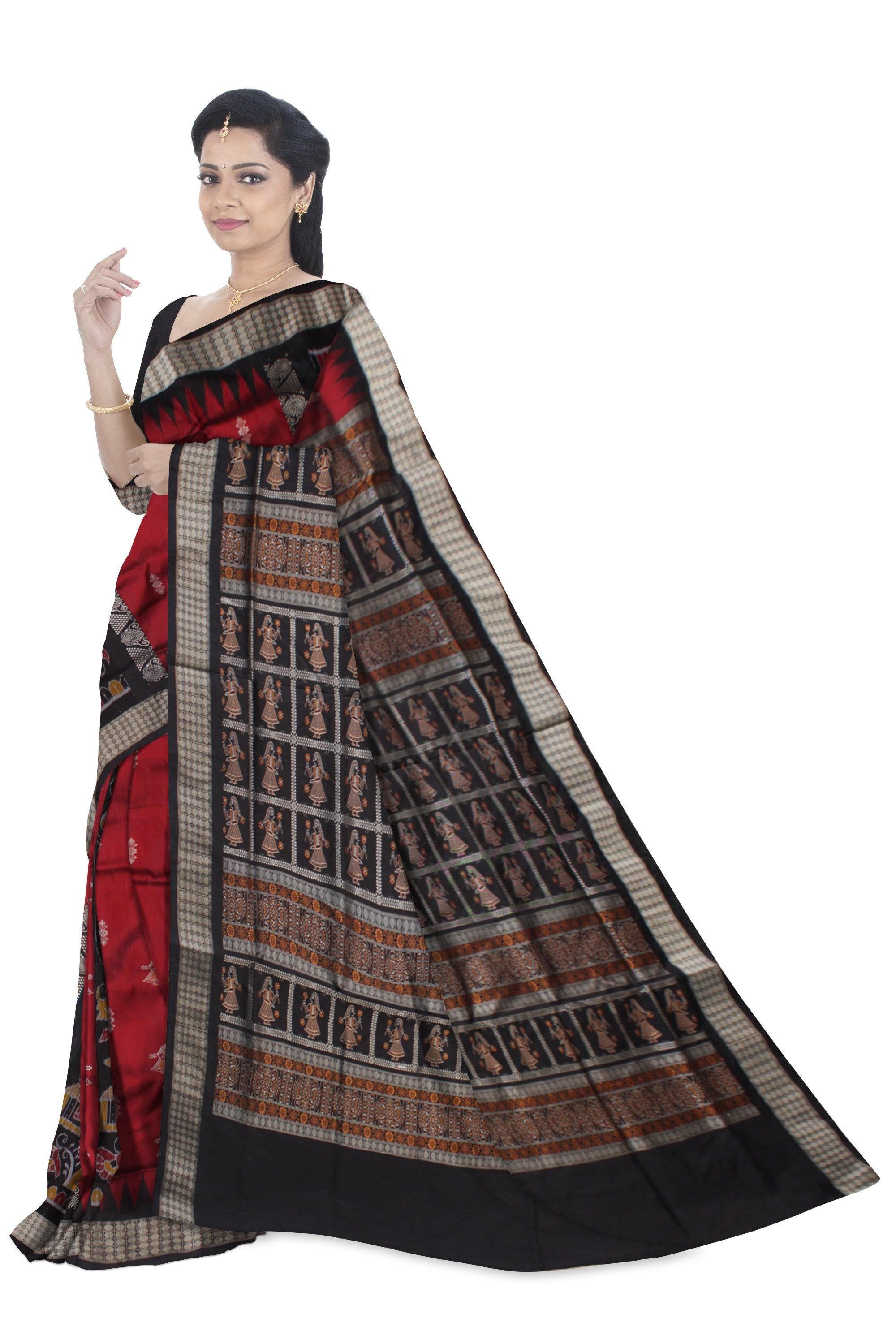 LATEST COLLECTION PEACOCK AND DOLL PRINT BOMKEI PATA SAREE IS MAROON AND BLACK COLOR BASE. AVAILABLE WITH MATCHING BLOUSE PIECE. - Koshali Arts & Crafts Enterprise