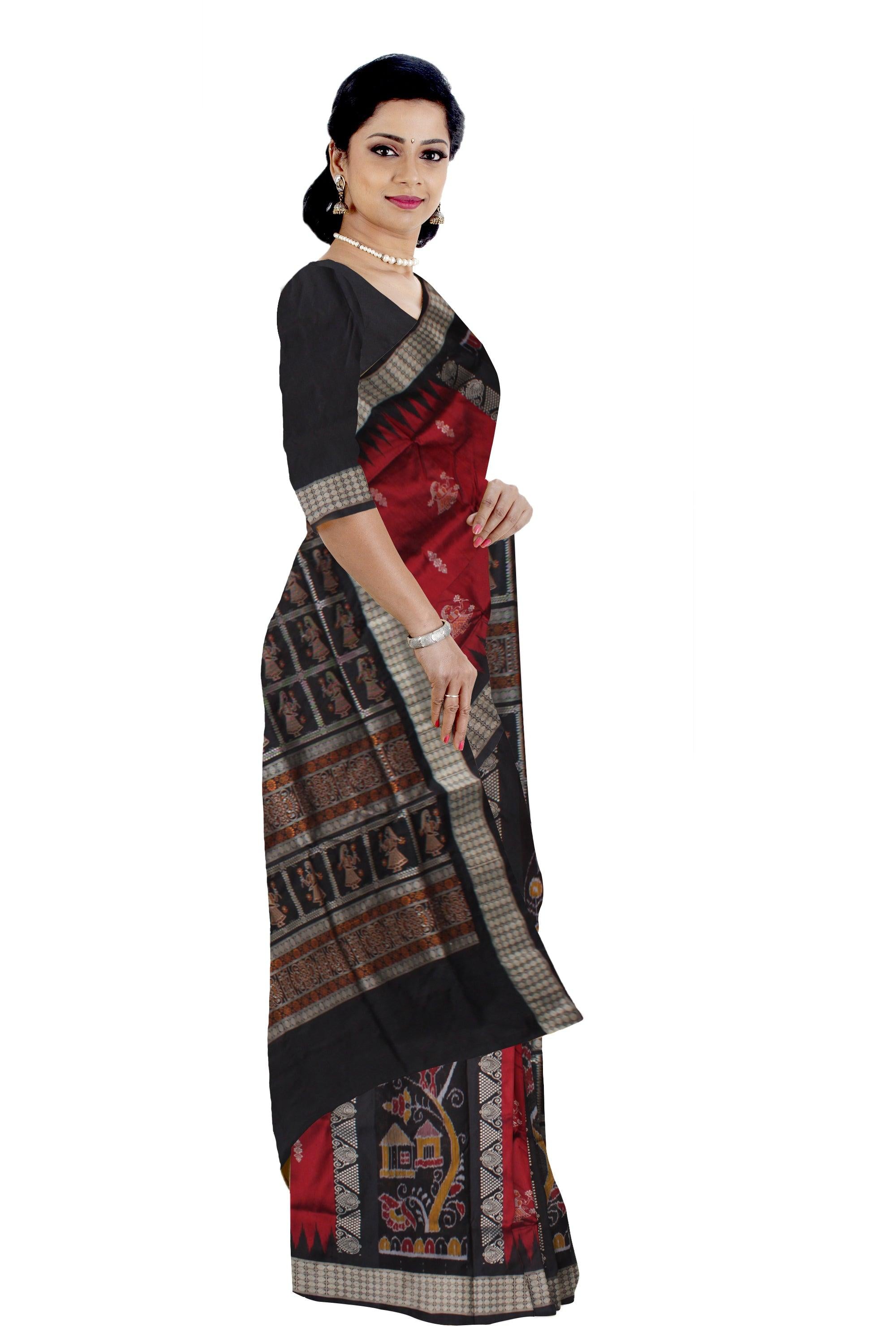 LATEST COLLECTION PEACOCK AND DOLL PRINT BOMKEI PATA SAREE IS MAROON AND BLACK COLOR BASE. AVAILABLE WITH MATCHING BLOUSE PIECE. - Koshali Arts & Crafts Enterprise
