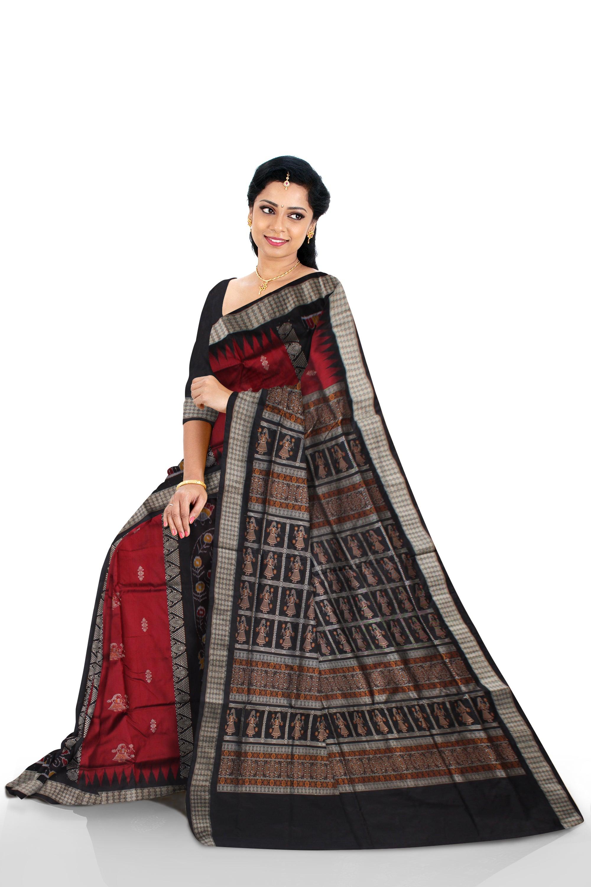 LATEST COLLECTION PEACOCK AND DOLL PRINT BOMKEI PATA SAREE IS MAROON AND BLACK COLOR BASE. AVAILABLE WITH MATCHING BLOUSE PIECE. - Koshali Arts & Crafts Enterprise