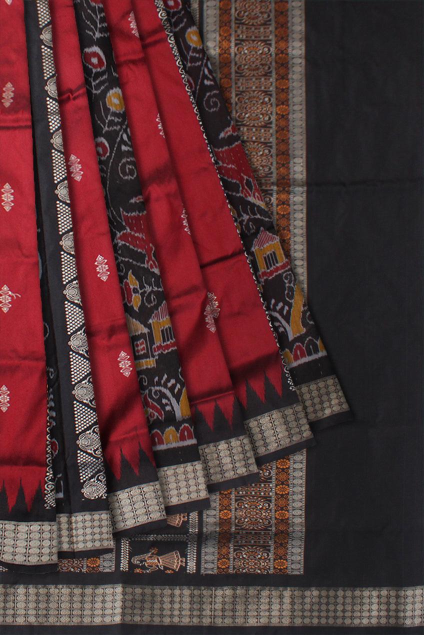 LATEST COLLECTION PEACOCK AND DOLL PRINT BOMKEI PATA SAREE IS MAROON AND BLACK COLOR BASE. AVAILABLE WITH MATCHING BLOUSE PIECE. - Koshali Arts & Crafts Enterprise