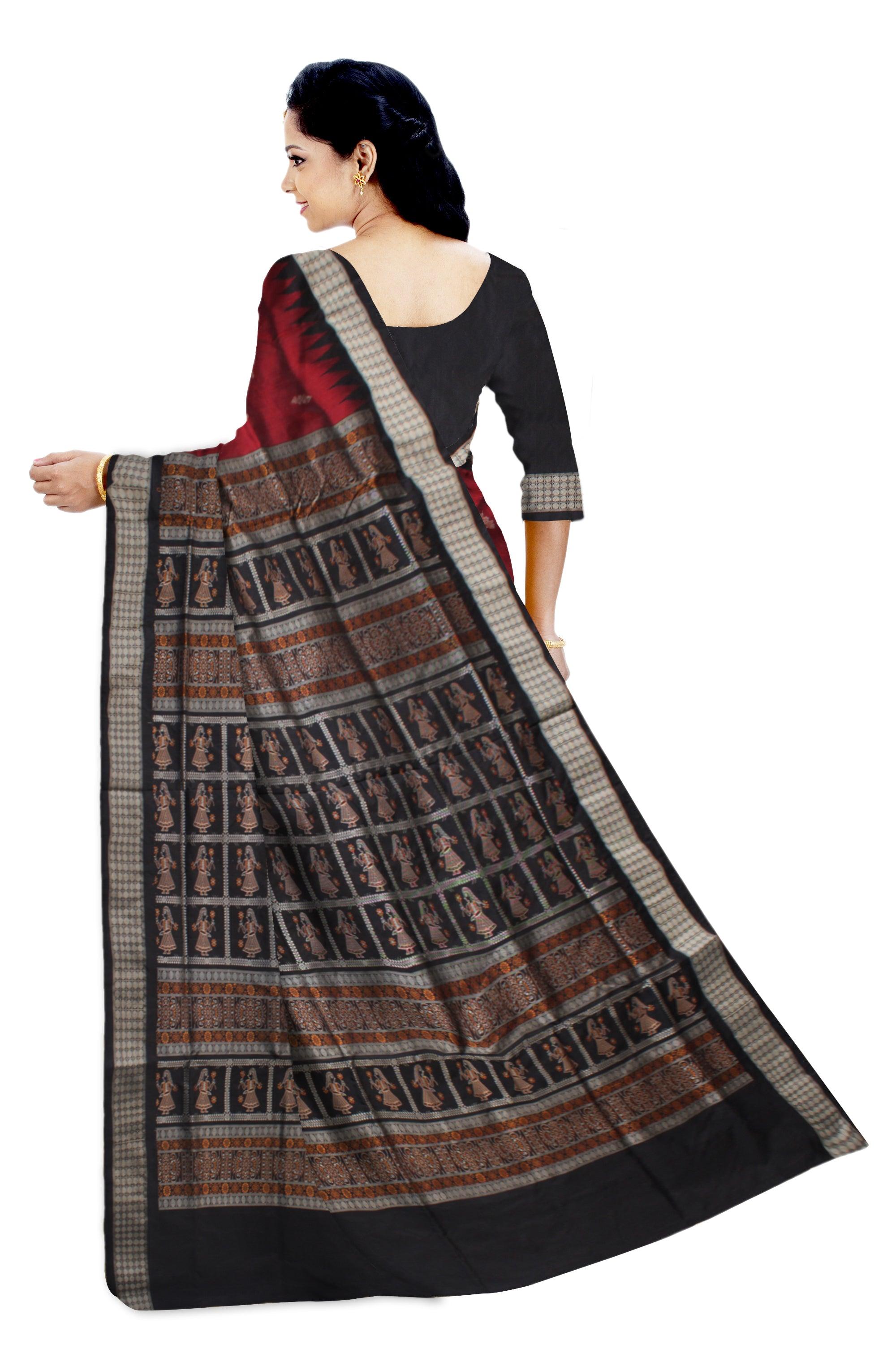 LATEST COLLECTION PEACOCK AND DOLL PRINT BOMKEI PATA SAREE IS MAROON AND BLACK COLOR BASE. AVAILABLE WITH MATCHING BLOUSE PIECE. - Koshali Arts & Crafts Enterprise