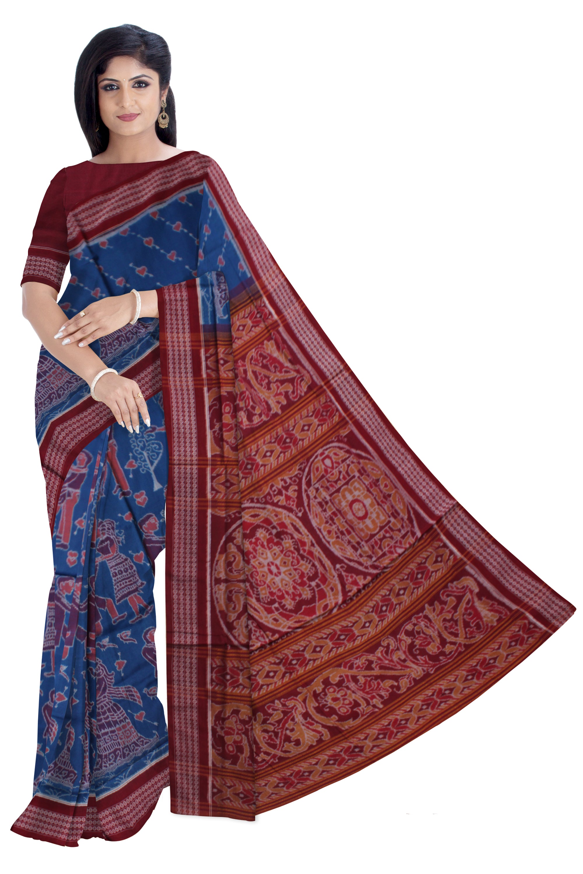 BEST COUPLE DANCE PATTERN PURE COTTON SAREE IS BLUE AND MAROON COLOR BASE,WITH BLOUSE PIECE. - Koshali Arts & Crafts Enterprise