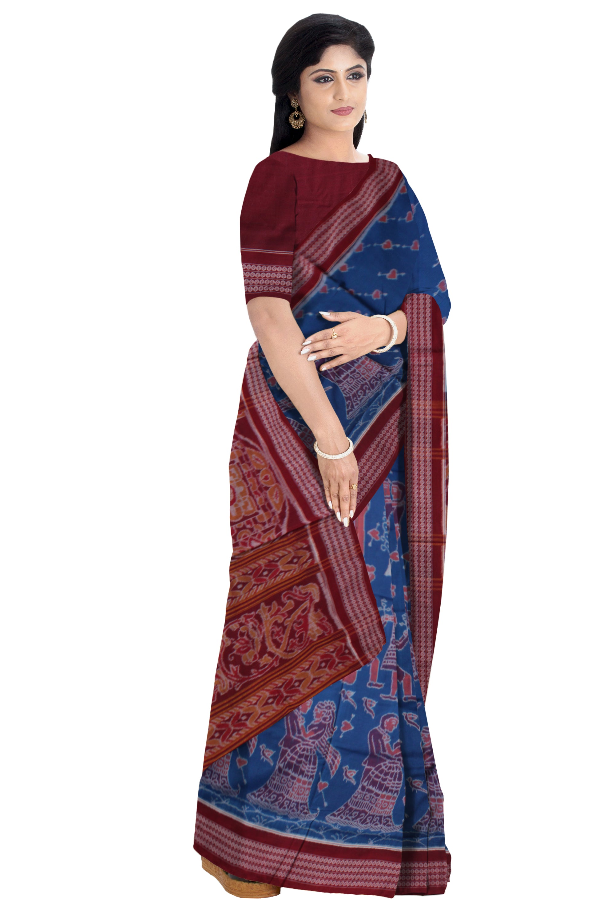 BEST COUPLE DANCE PATTERN PURE COTTON SAREE IS BLUE AND MAROON COLOR BASE,WITH BLOUSE PIECE. - Koshali Arts & Crafts Enterprise