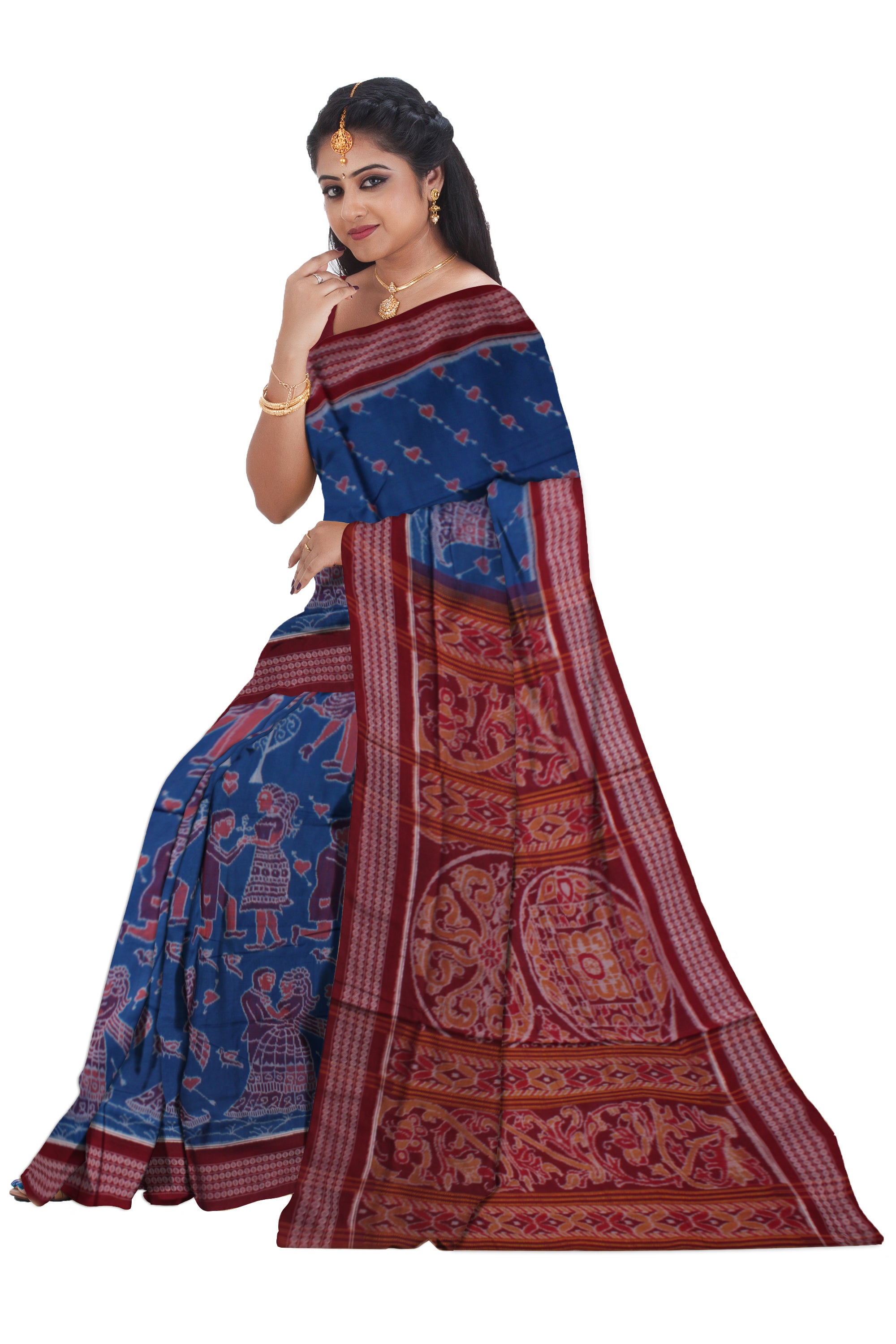 BEST COUPLE DANCE PATTERN PURE COTTON SAREE IS BLUE AND MAROON COLOR BASE,WITH BLOUSE PIECE. - Koshali Arts & Crafts Enterprise