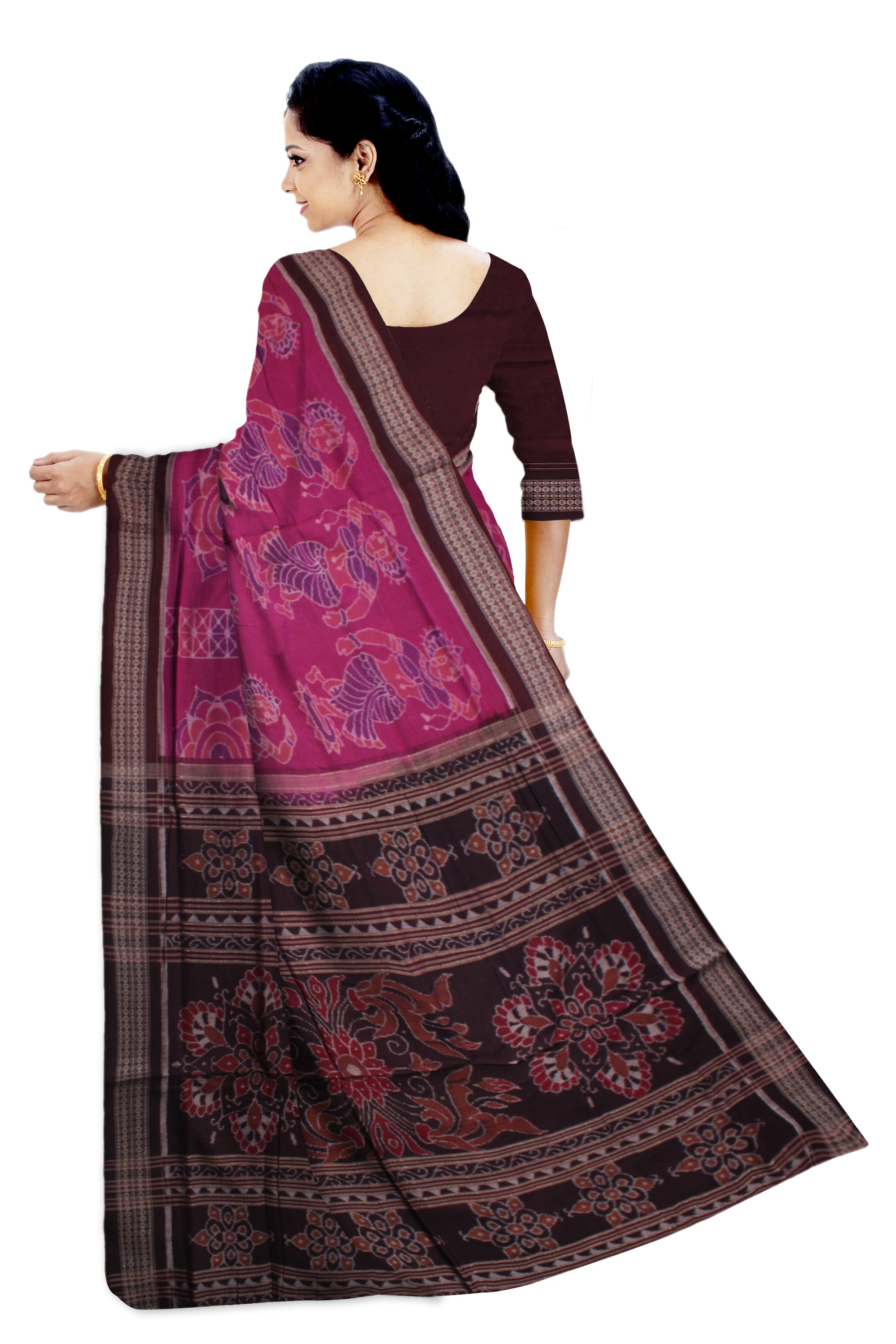 DARK-PINK AND COFFEE COLOR NARTAKI PATTERN PURE COTTON SAREE, WITH BLOUSE PIECE. - Koshali Arts & Crafts Enterprise
