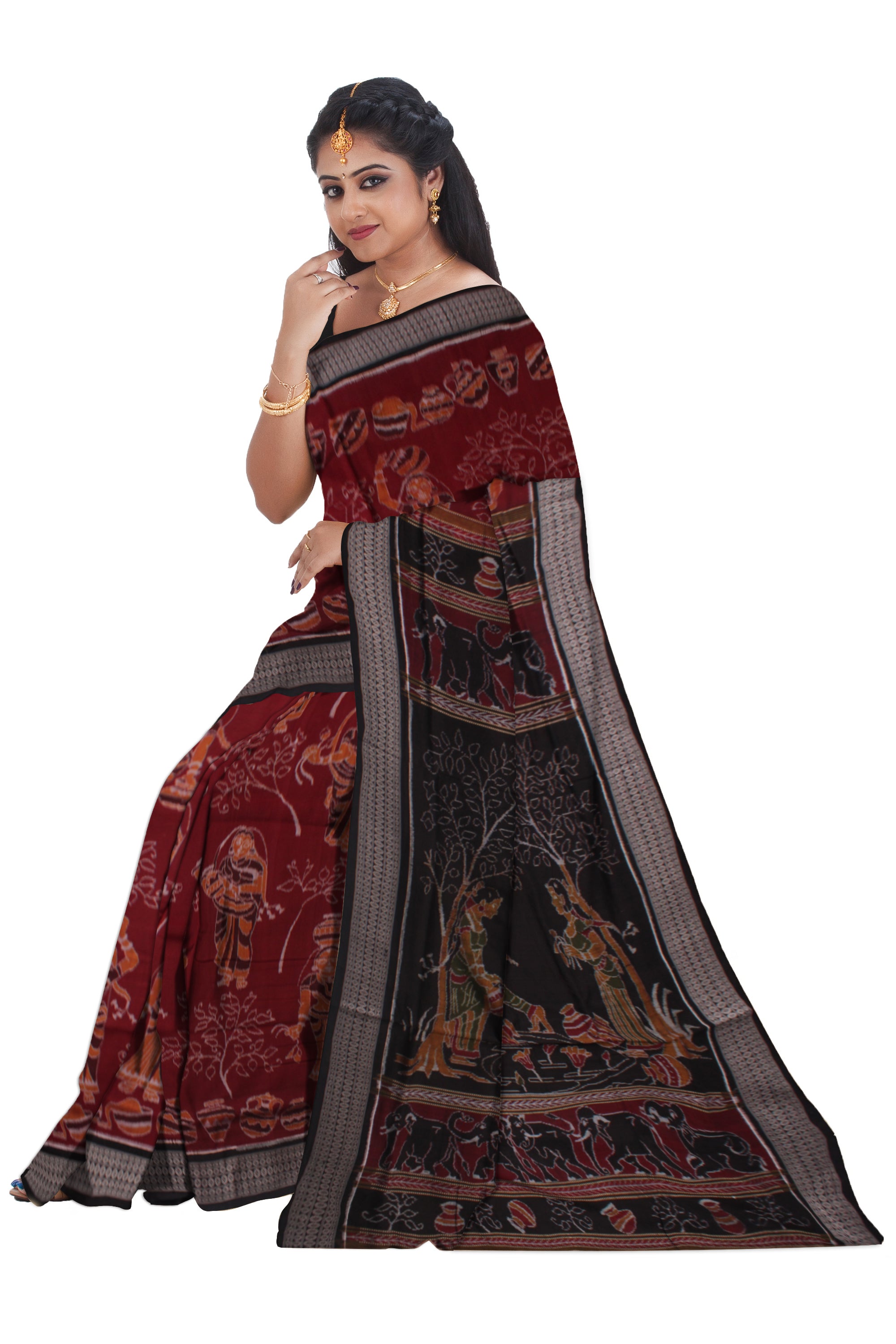 TRIBAL VILLAGE PATTERN PURE COTTON SAREE IS COFFEE AND BLACK COLOR BASE,WITH MATCHING BLOUSE PIECE. - Koshali Arts & Crafts Enterprise