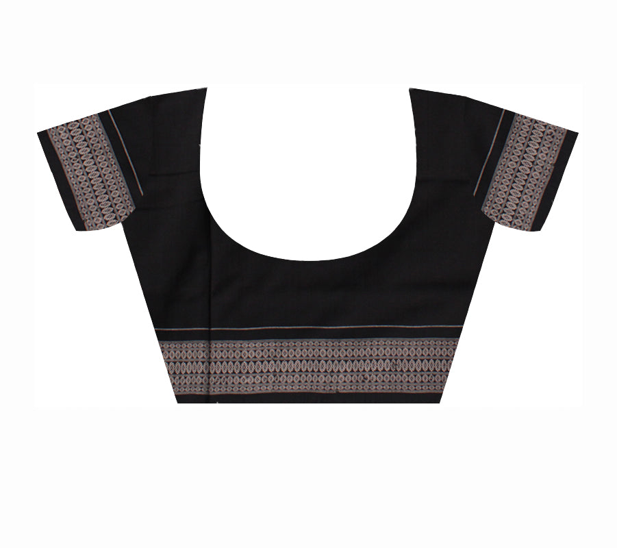TRIBAL VILLAGE PATTERN PURE COTTON SAREE IS COFFEE AND BLACK COLOR BASE,WITH MATCHING BLOUSE PIECE. - Koshali Arts & Crafts Enterprise
