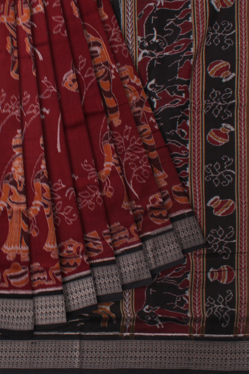 TRIBAL VILLAGE PATTERN PURE COTTON SAREE IS COFFEE AND BLACK COLOR BASE,WITH MATCHING BLOUSE PIECE. - Koshali Arts & Crafts Enterprise