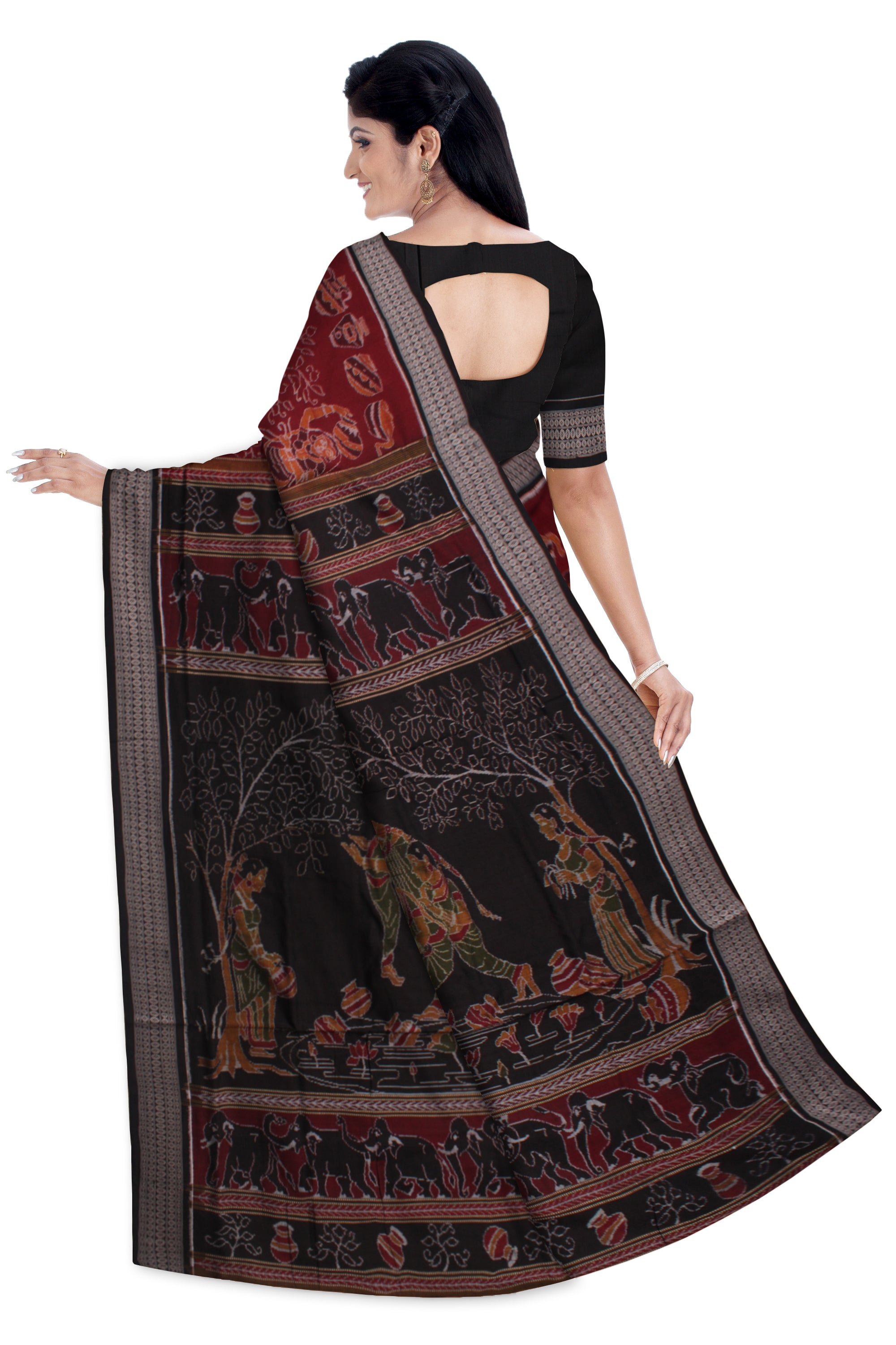 TRIBAL VILLAGE PATTERN PURE COTTON SAREE IS COFFEE AND BLACK COLOR BASE,WITH MATCHING BLOUSE PIECE. - Koshali Arts & Crafts Enterprise