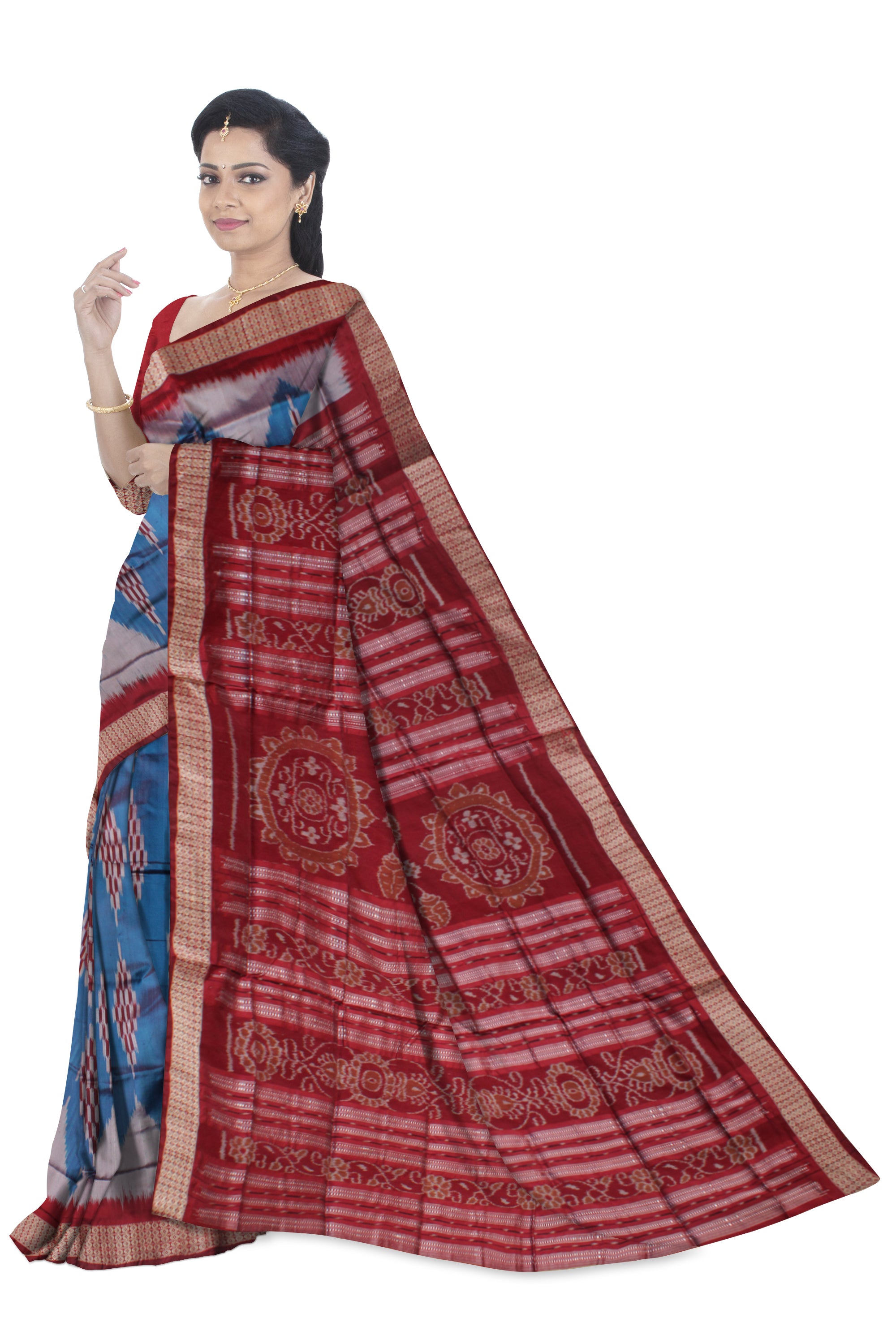 SKY, SILVER AND MAROON COLOR SAPTA PATERN PATA SAREE, WITH BLOUSE PIECE. - Koshali Arts & Crafts Enterprise